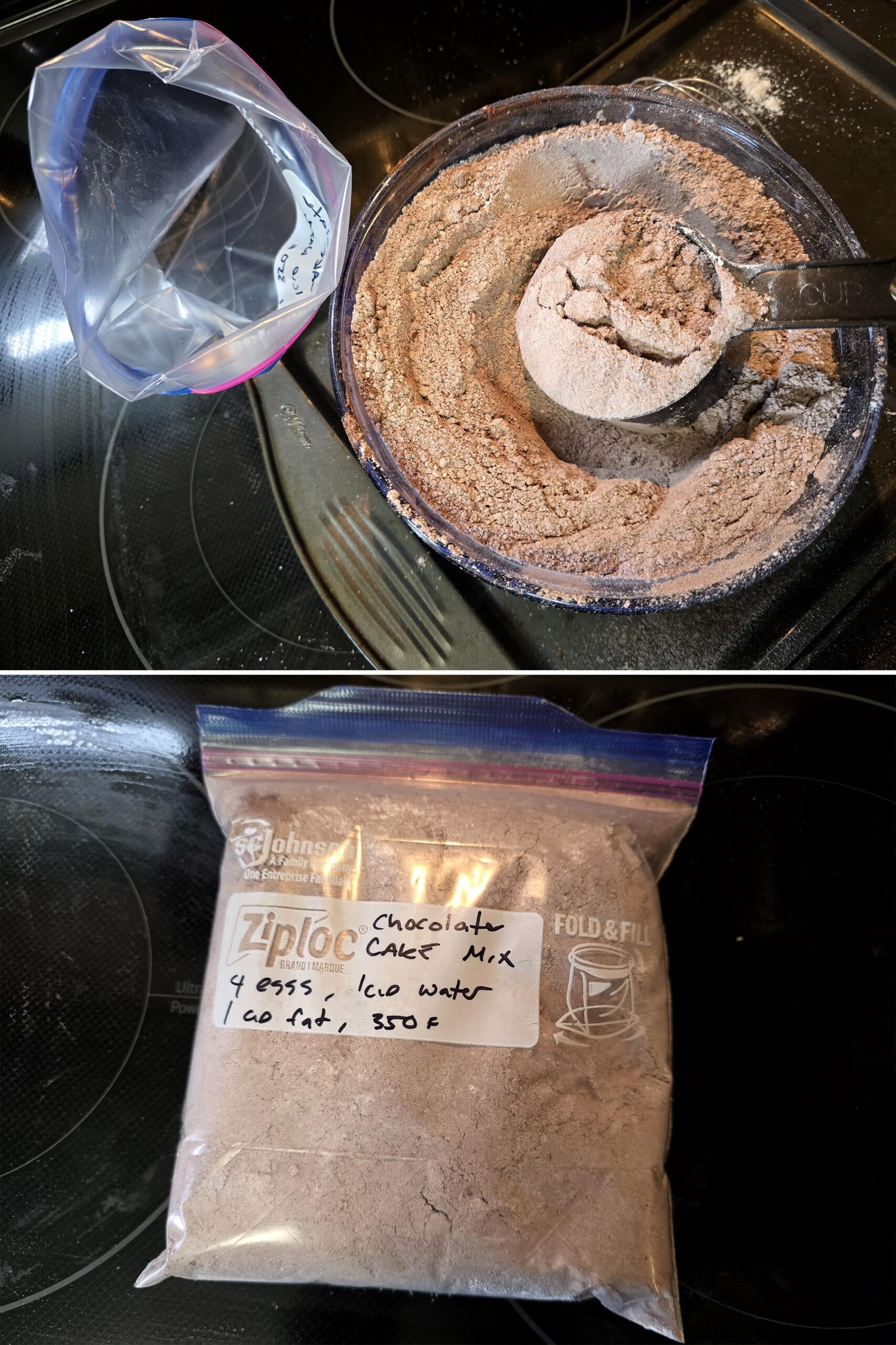 2 part image showing homemade chocolate cake mix being bagged and labelled.