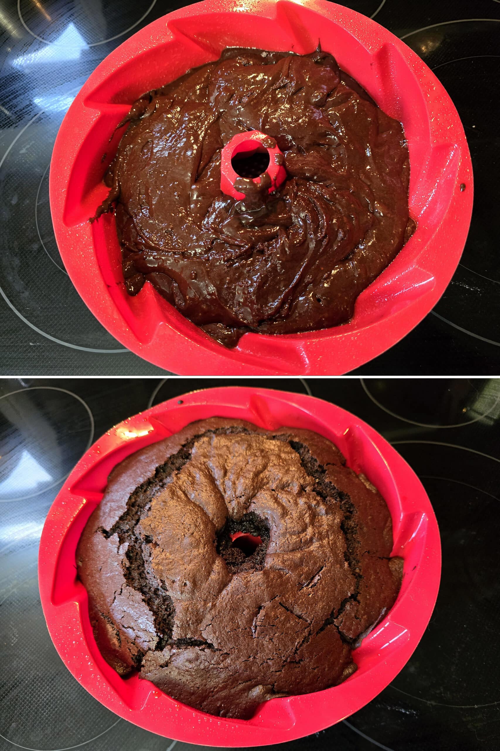 2 part image showing a chocolate bundt cake in a pan, before and after baking.