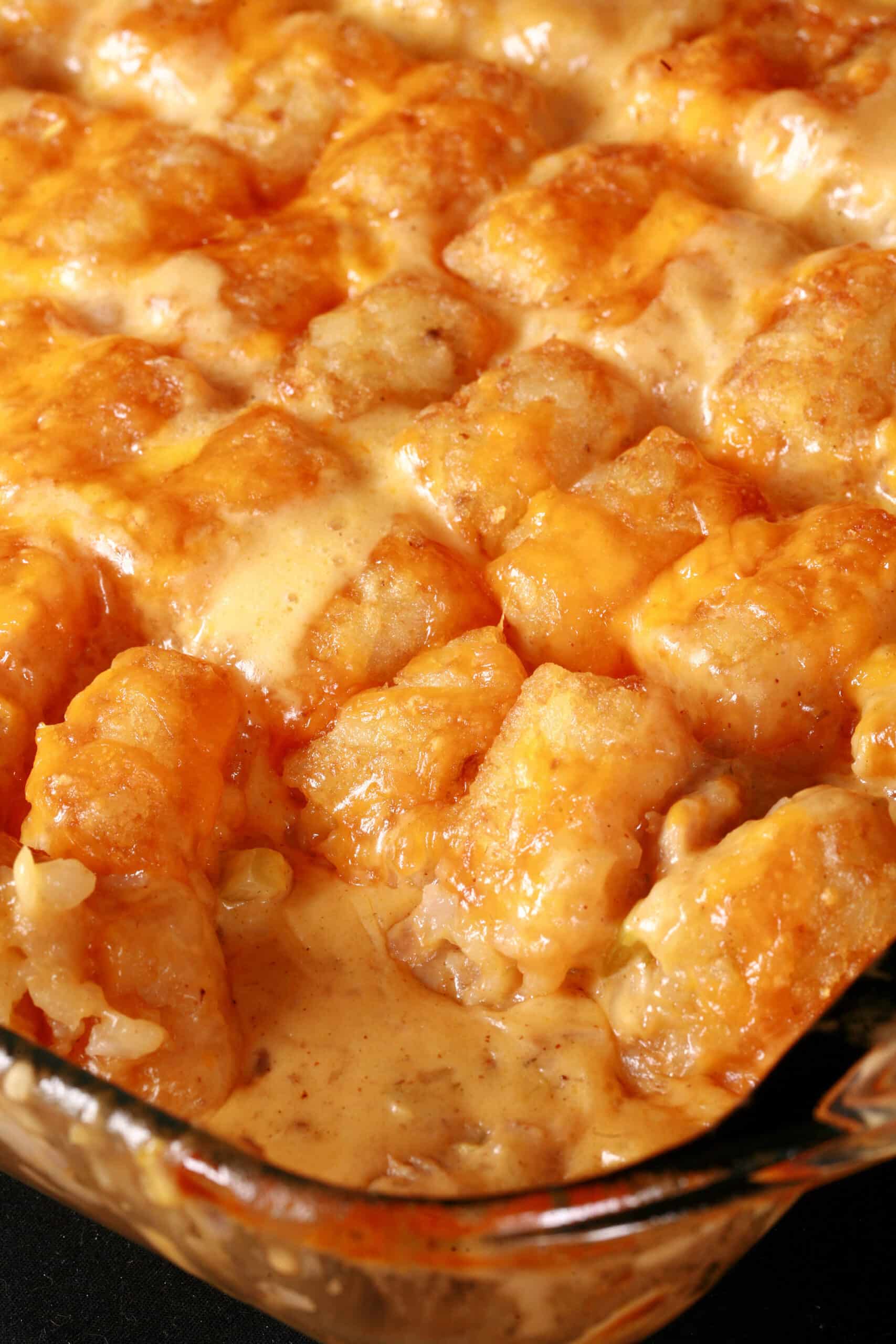 A cheesy bratwurst tater tot casserole.