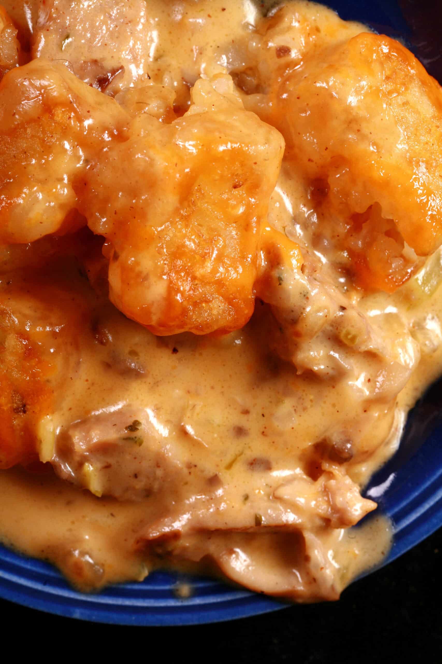 A cheesy bratwurst tater tot hotdish.