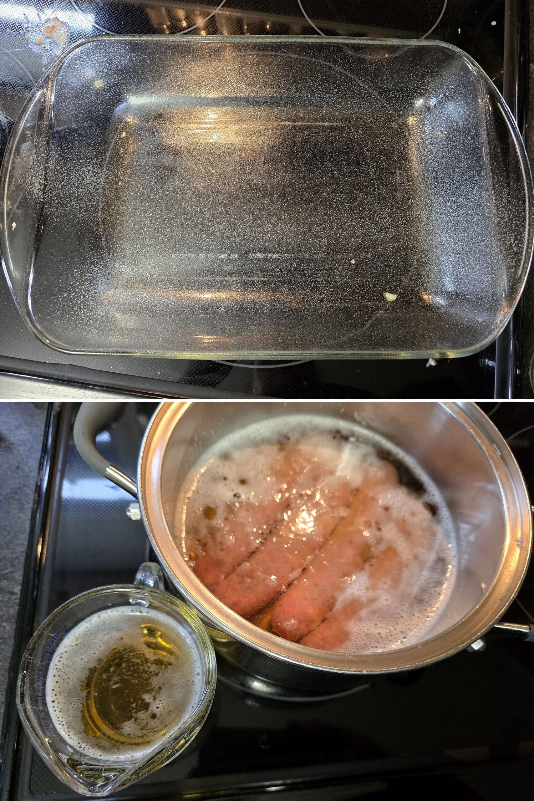 2 part image showing a greased baking pan, and brats in a pot of beer.