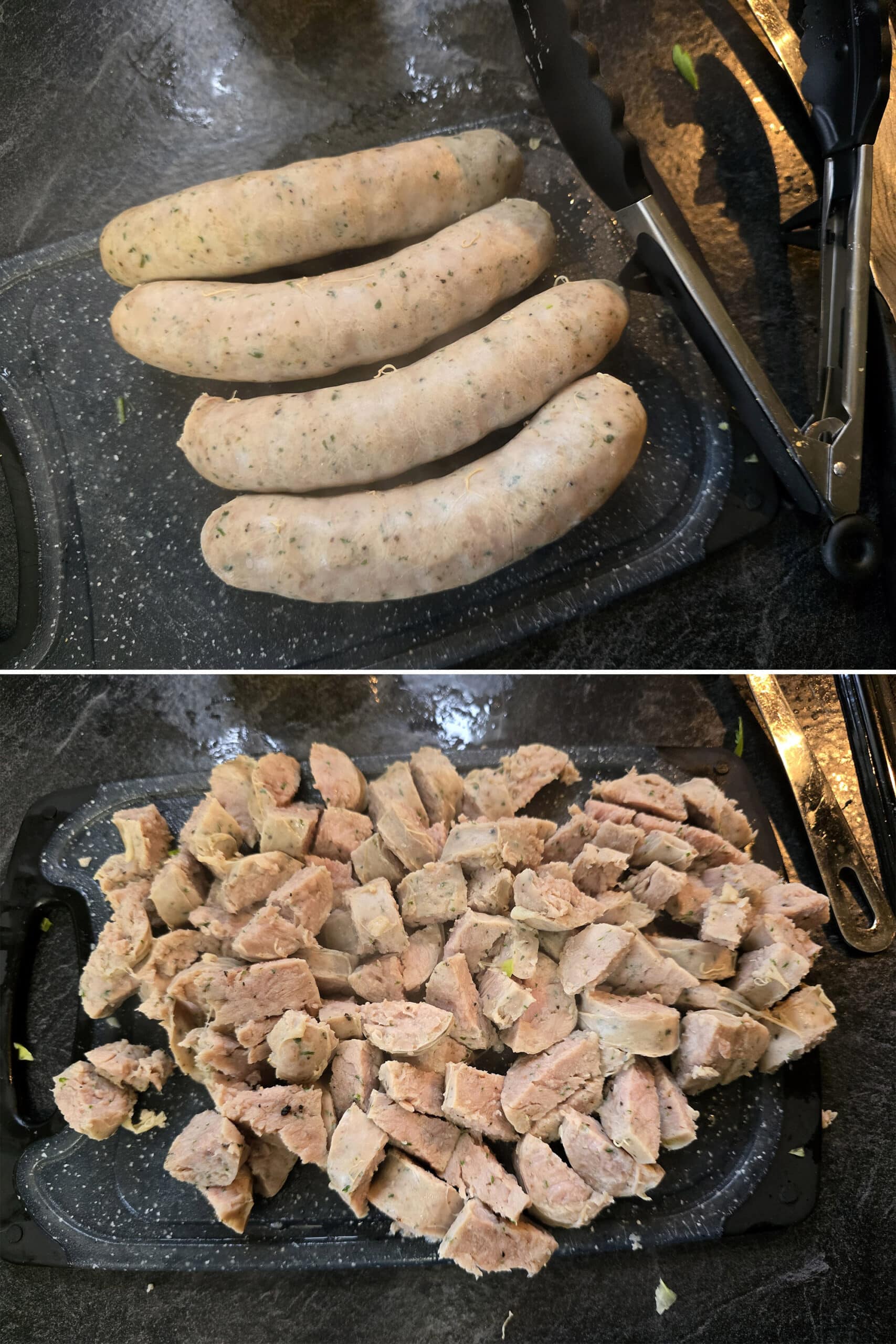 2 part image showing the cooked brats being chopped into bite sized pieces.