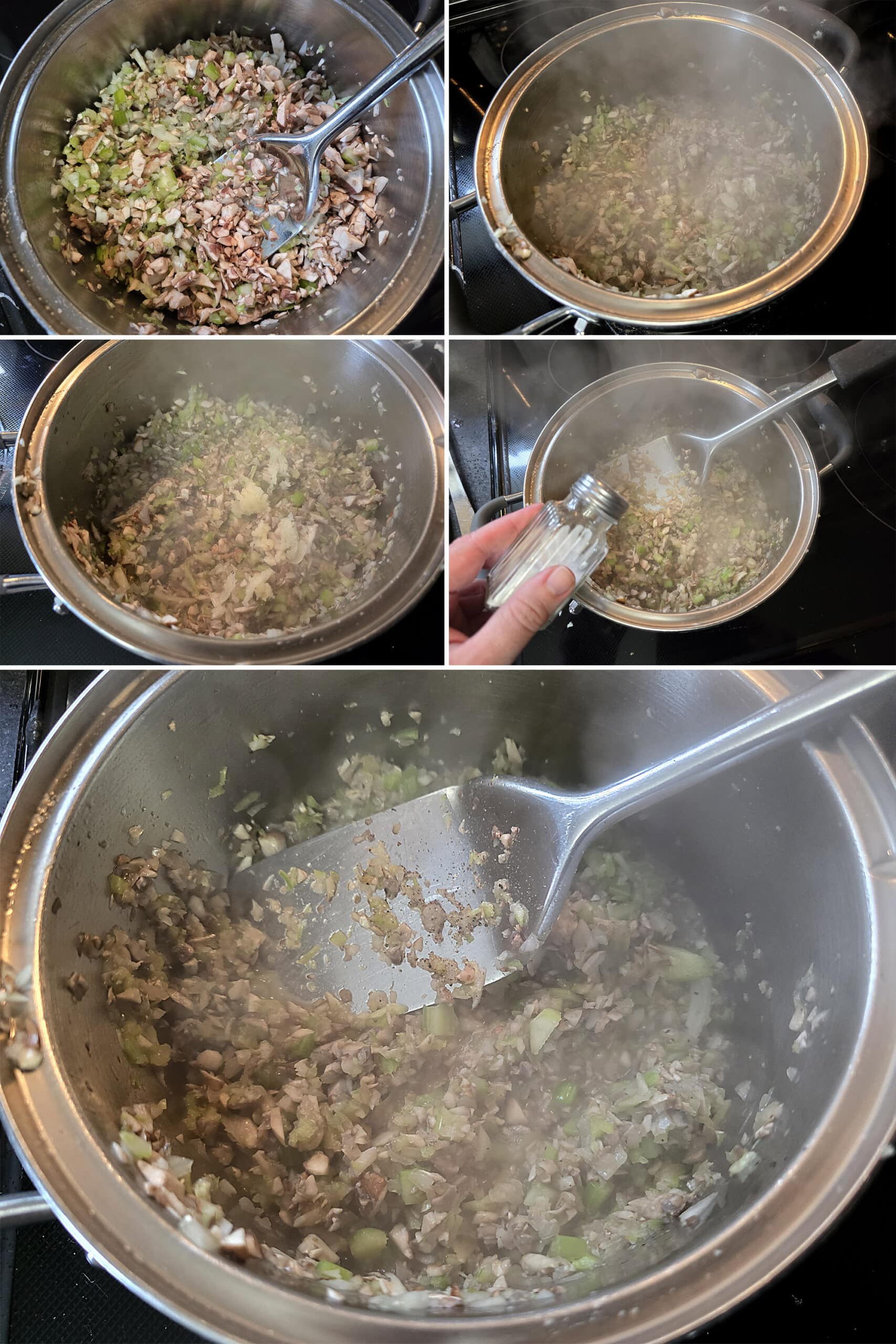 5 part image showing the veggies being sauteed, garlic added, and then it being seasoned with salt.