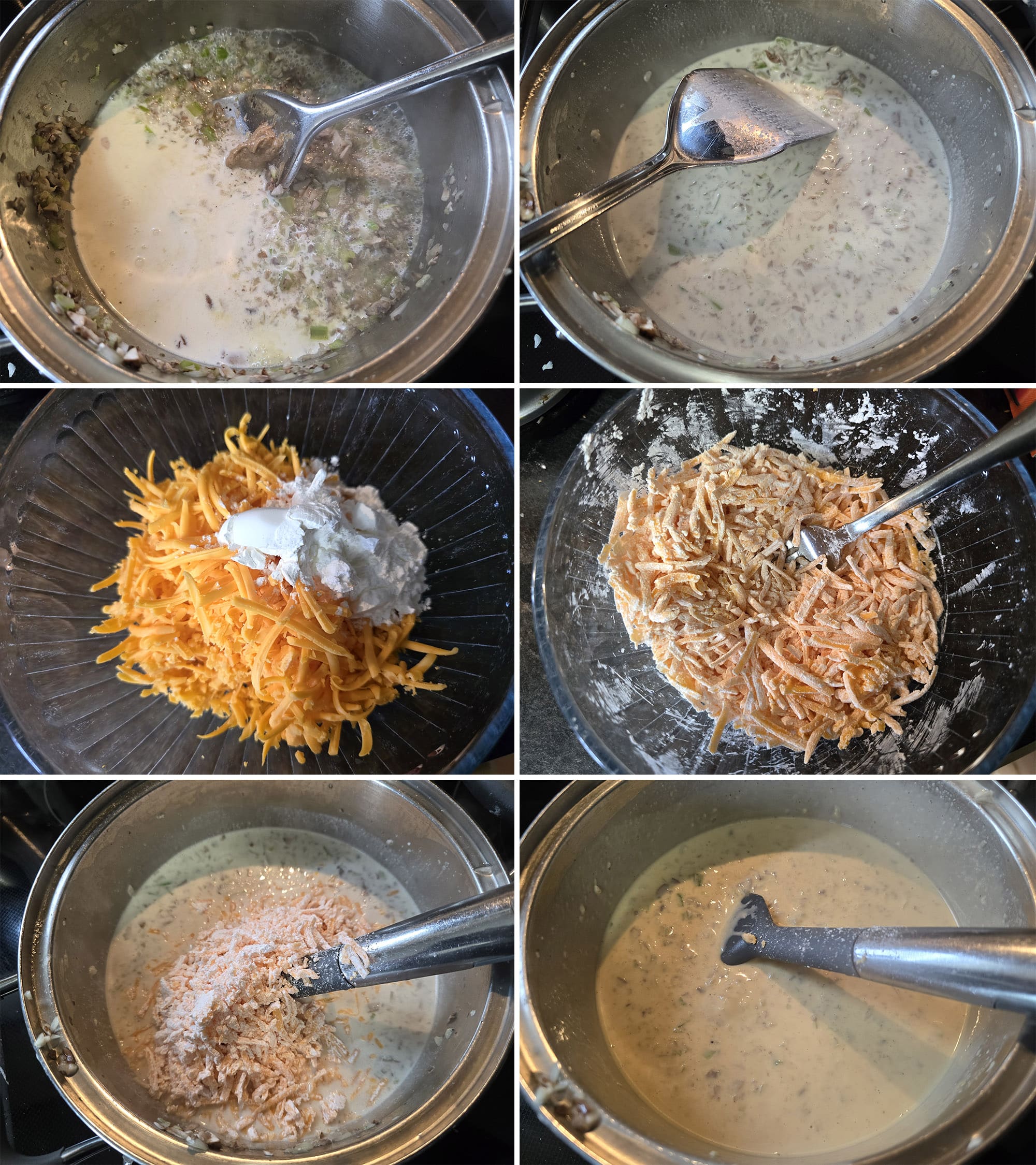 6 part image showing the cream, beer, and mustard being added to the pot, the cheese tossed with cornstarch, and the cheese mixture being stirred into the beer mixture in the pot.