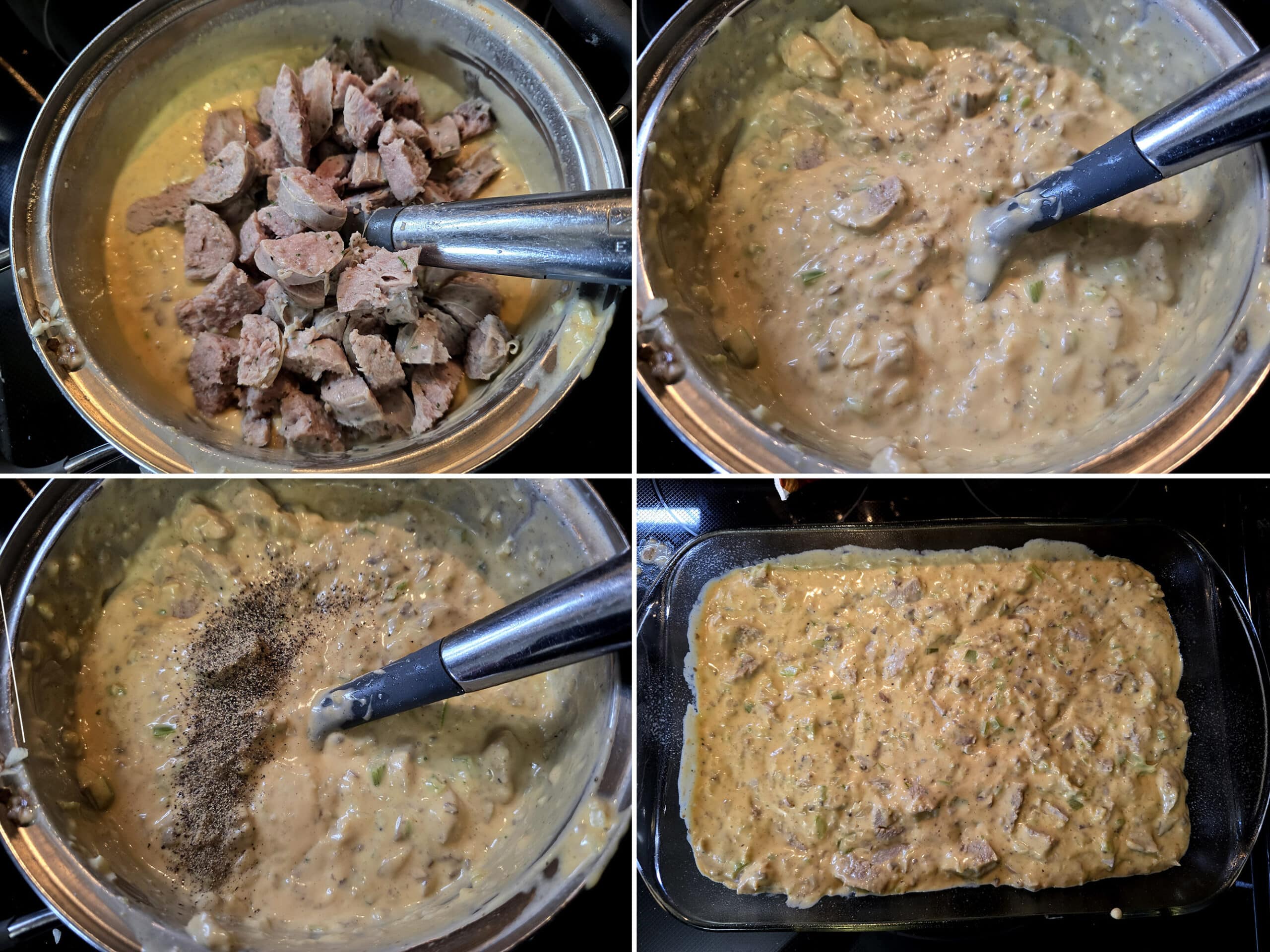 4 part image showing the cooked brats being added to the cheese sauce, seasoned, and spread in the pan.