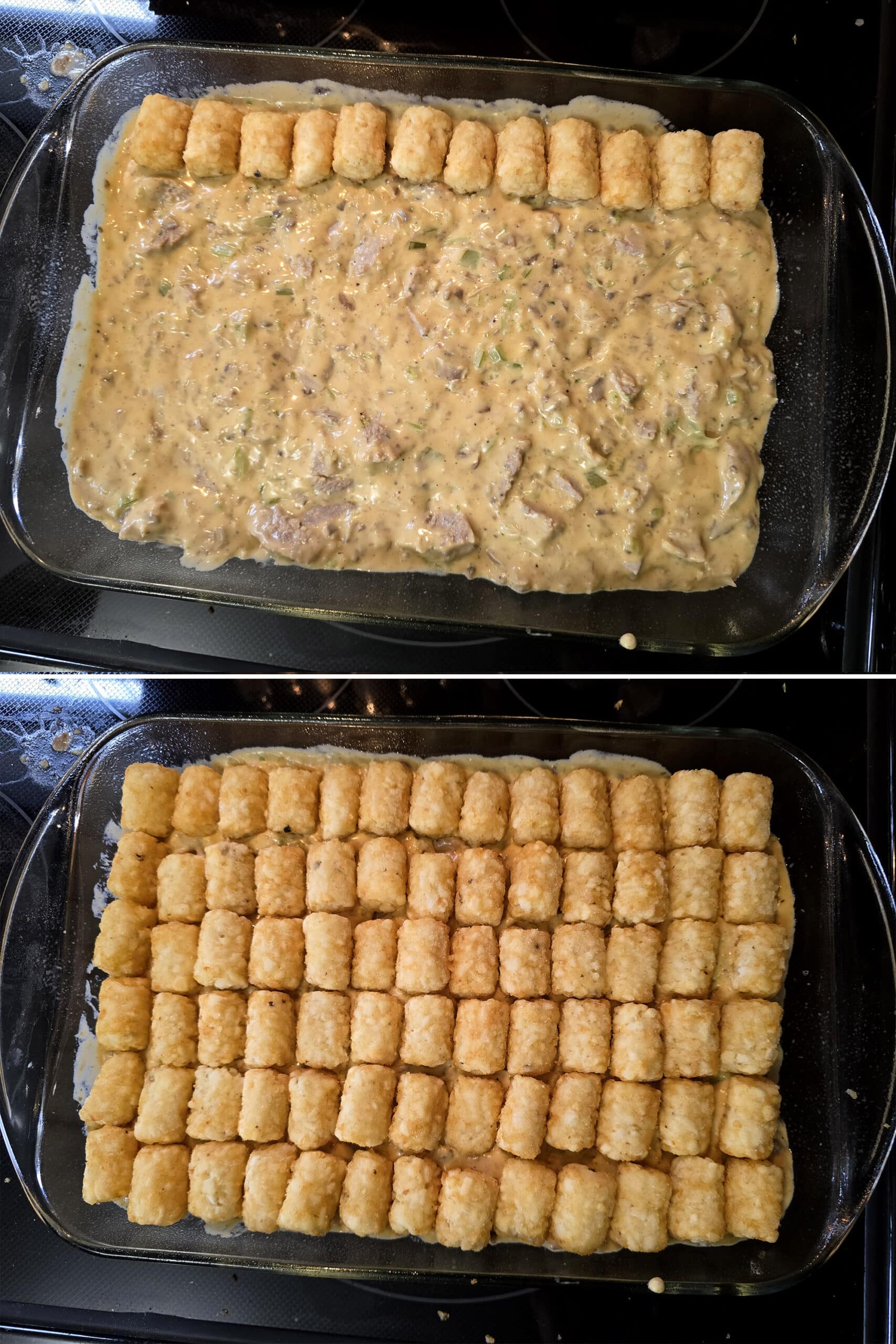 2 part image showing frozen tater tots being arranged on top of the bratwurst casserole.