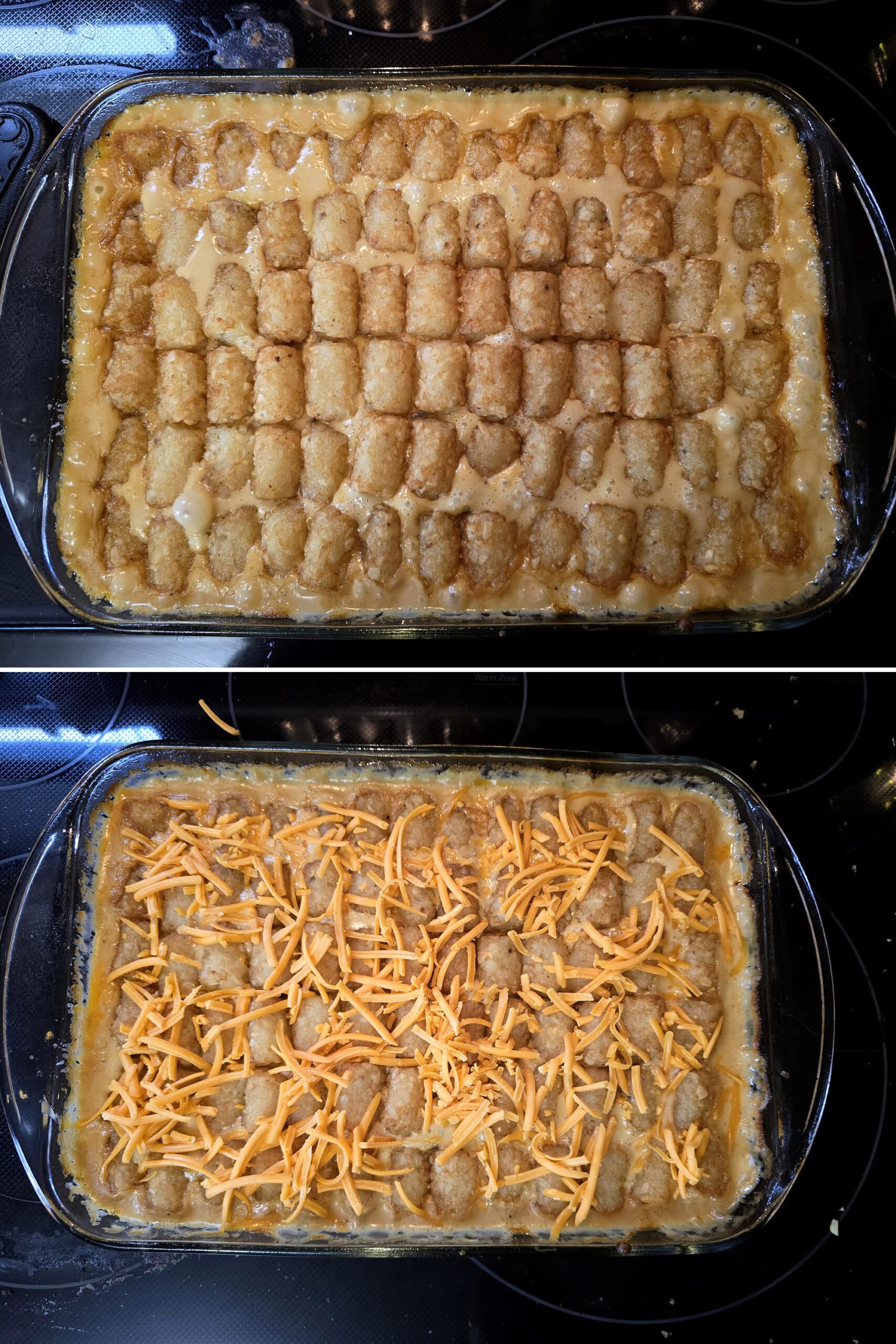 2 part image showing the baked tater tot hotdish before and after adding shredded cheese on top.