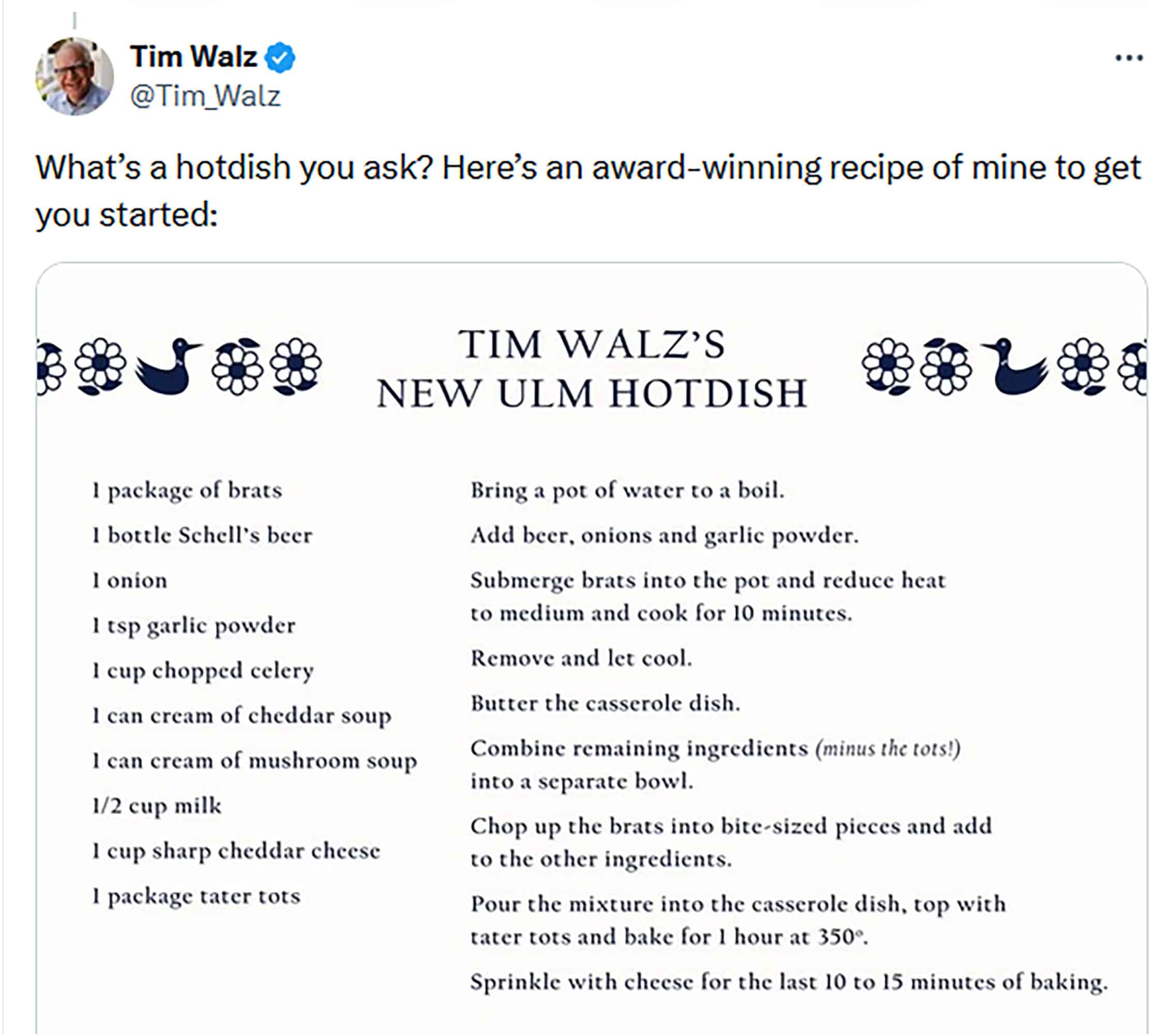 A screen cap of Tim Walz’ tweet with his New Ulm hotdish recipe.