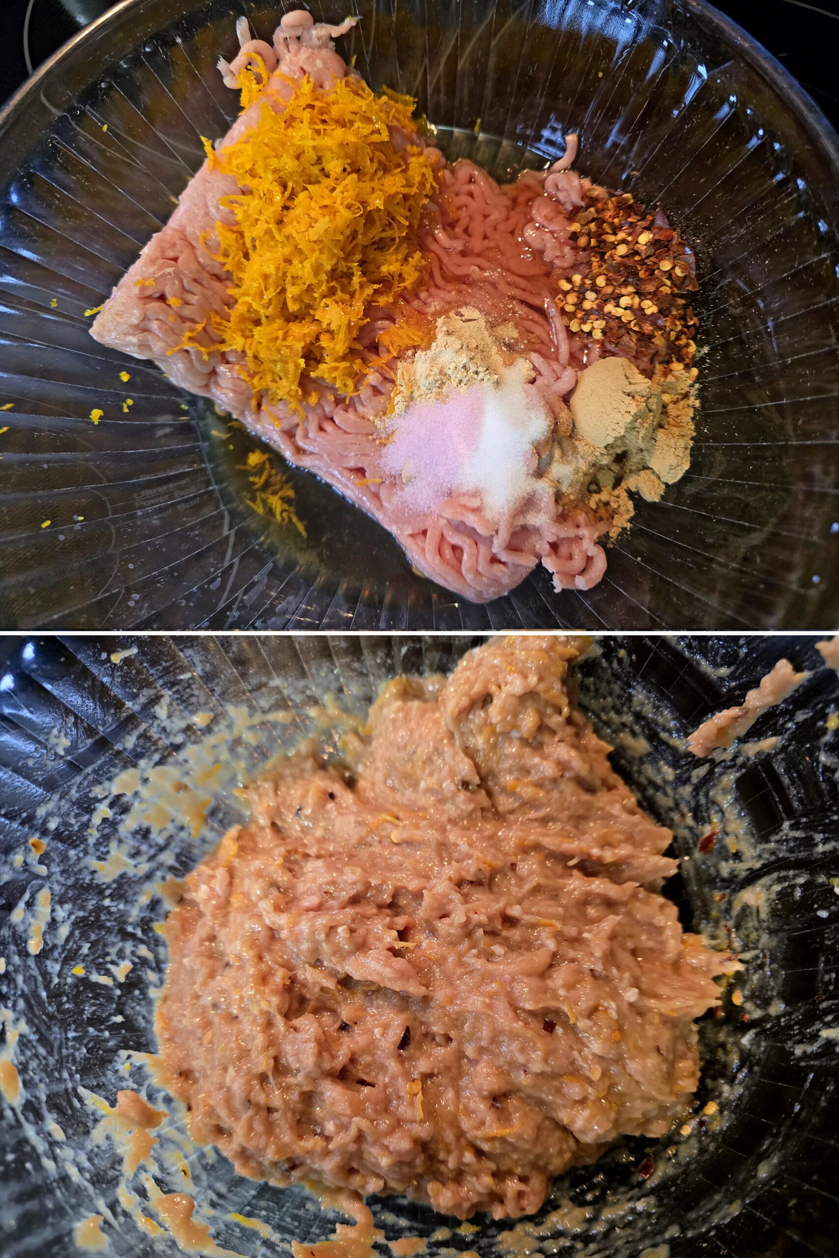 2 part image showing all of the jerky ingredients being mixed together in a bowl.