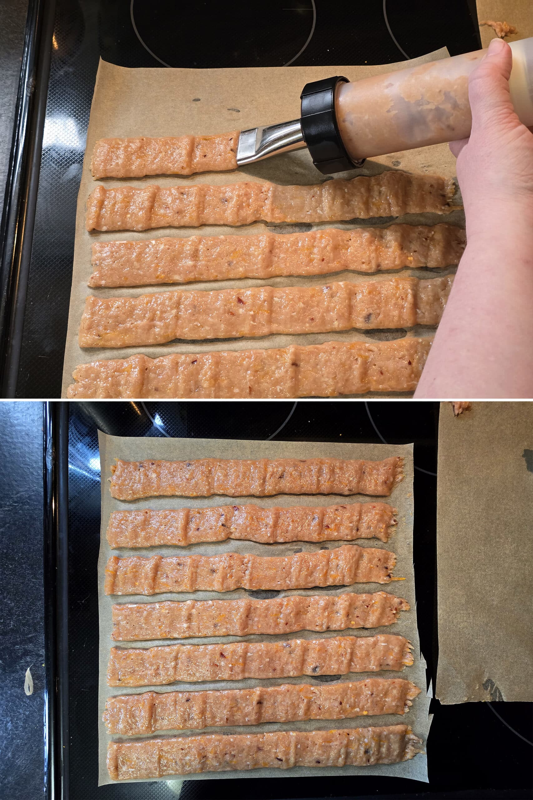 2 part image showing the orange chicken jerky mixture being piped onto parchment paper.