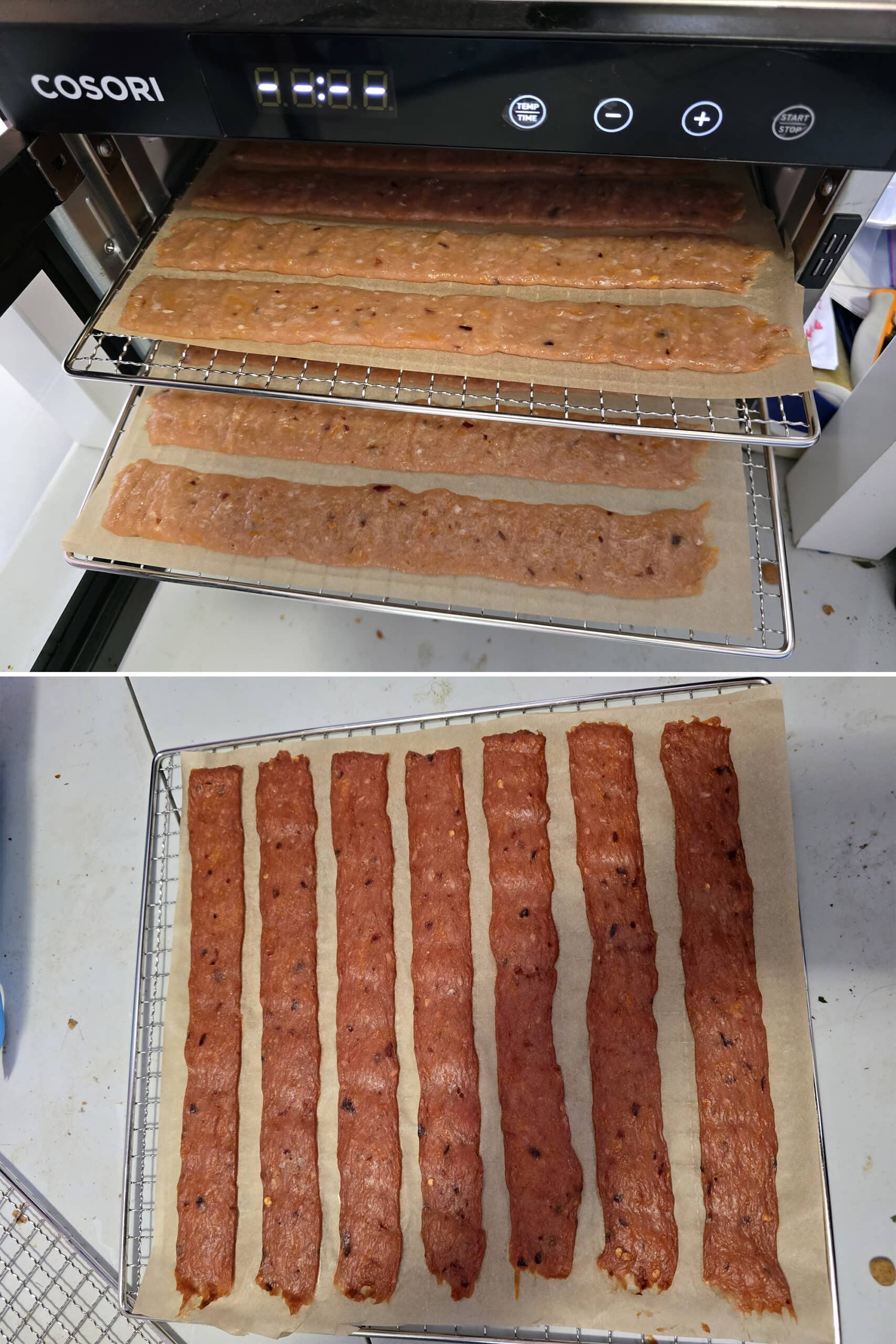 2 part image showing spicy orange chicken jerky before and after 2 hours of dehydration.