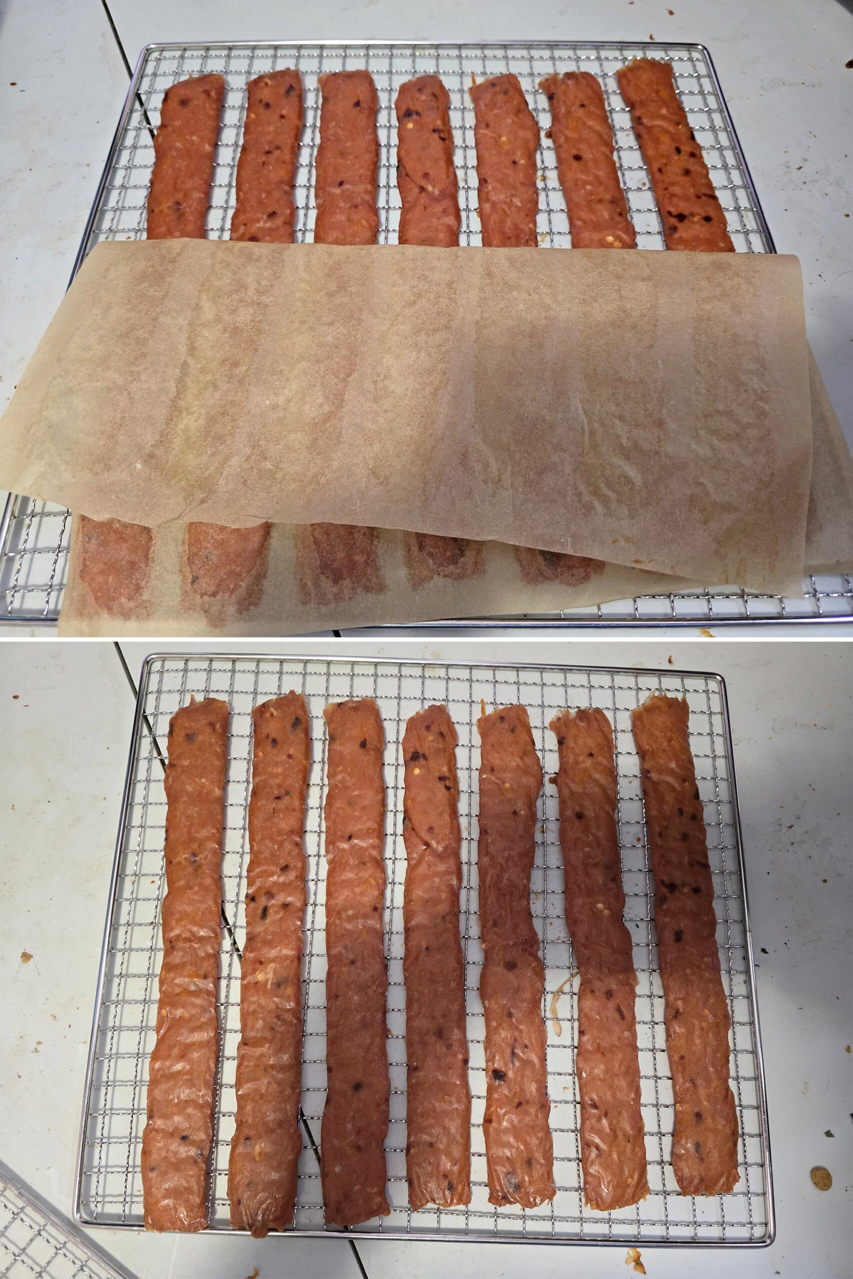 2 part image showing spicy orange chicken jerky being transferred off parchment paper and onto a wire rack.