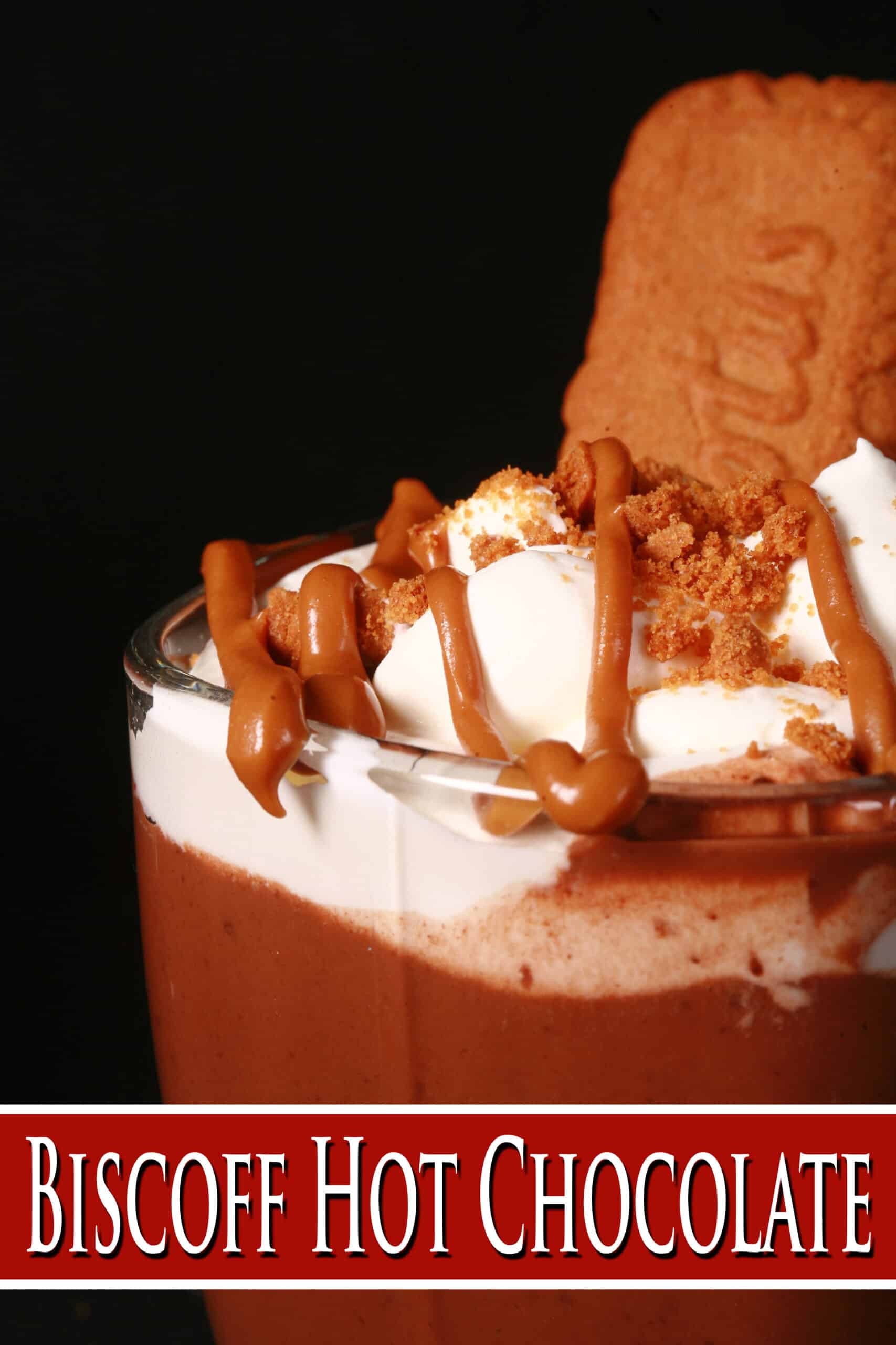 A mug of Biscoff hot cocoa, garnished with whipped cream, drizzled cookie butter, and crushed biscoff cookies.  Overlaid text says biscoff hot chocolate.