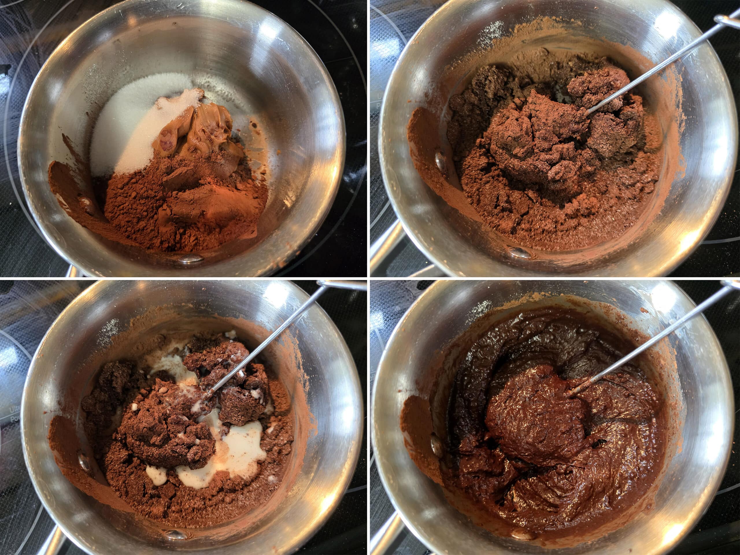 4 part image showing the sugar, Biscoff spread, and cocoa being mixed with a small amount of milk until smooth.