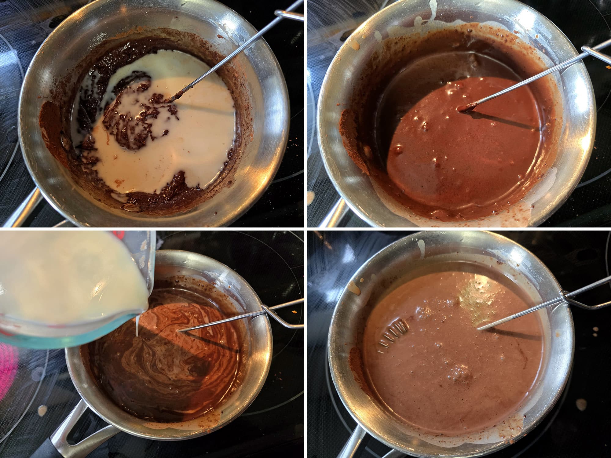 4 part image showing the remaining milk being mixed into the Cookie Butter and cocoa mixture.