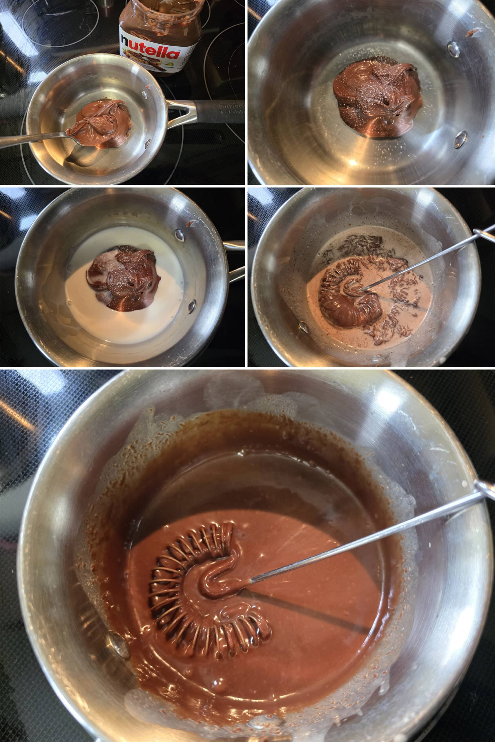 5 part image showing nutella being whisked together with a small amount of milk until smooth.