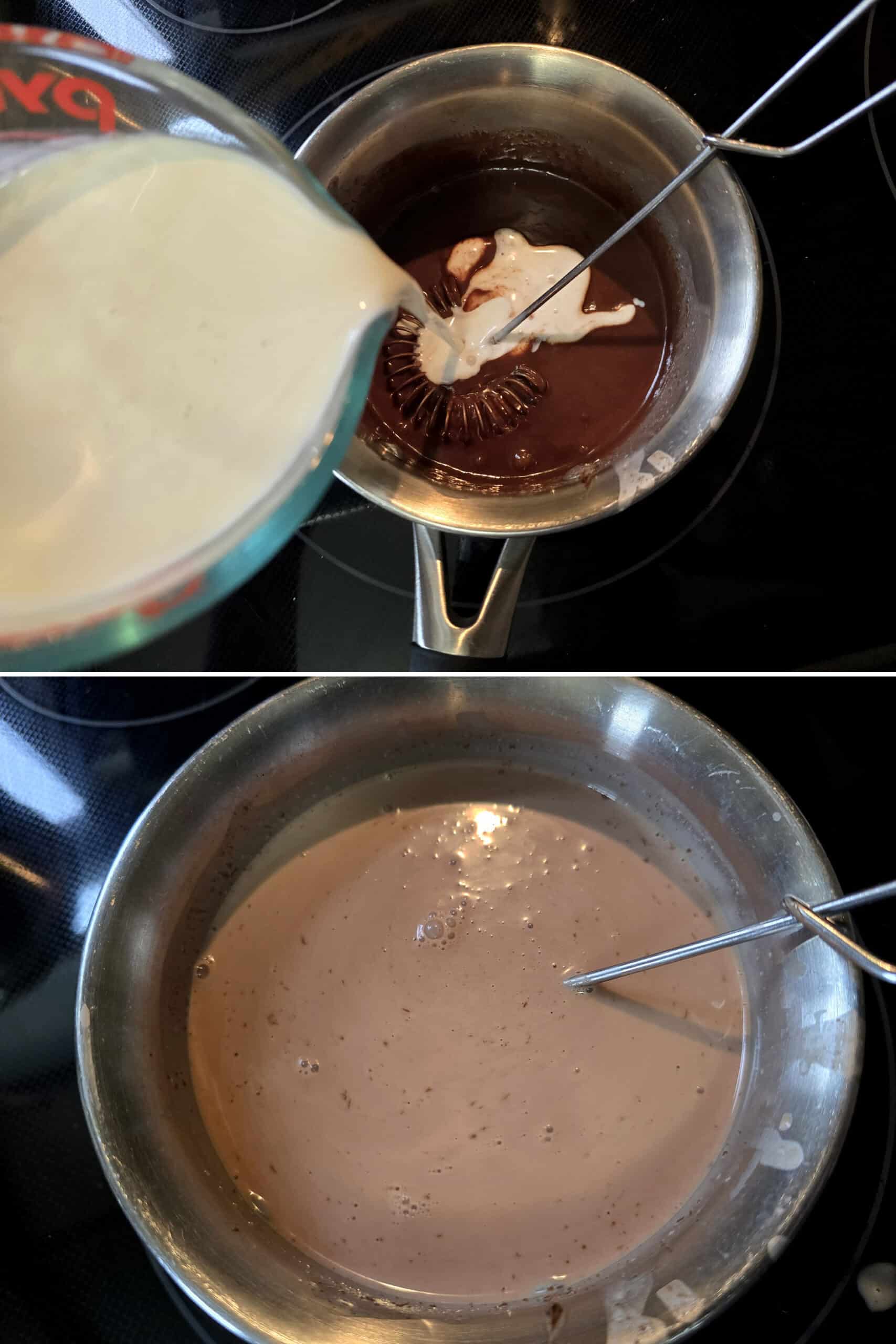 2 part image showing milk being poured into the pot.