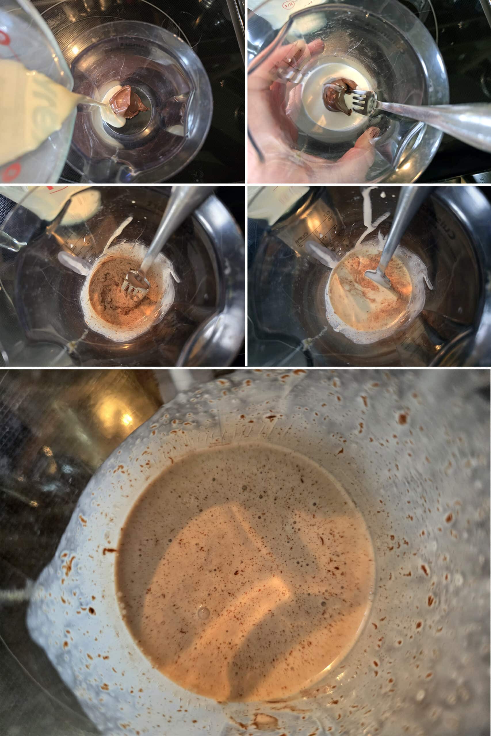 5 part image showing nutella being blended with a small amount of cream in a blender cup.