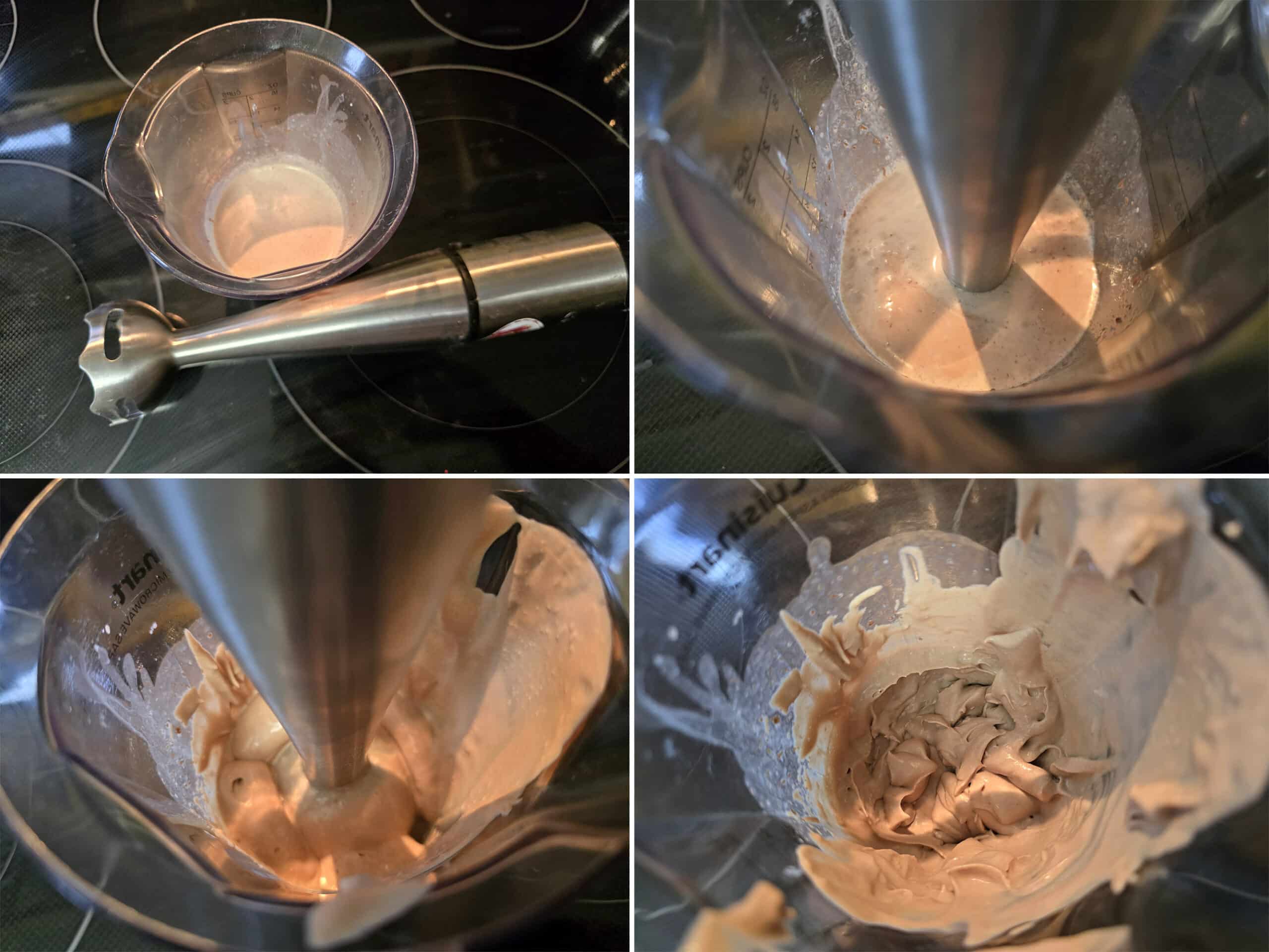 4 part image showing Nutella Whipped Cream being made with a stick blender.