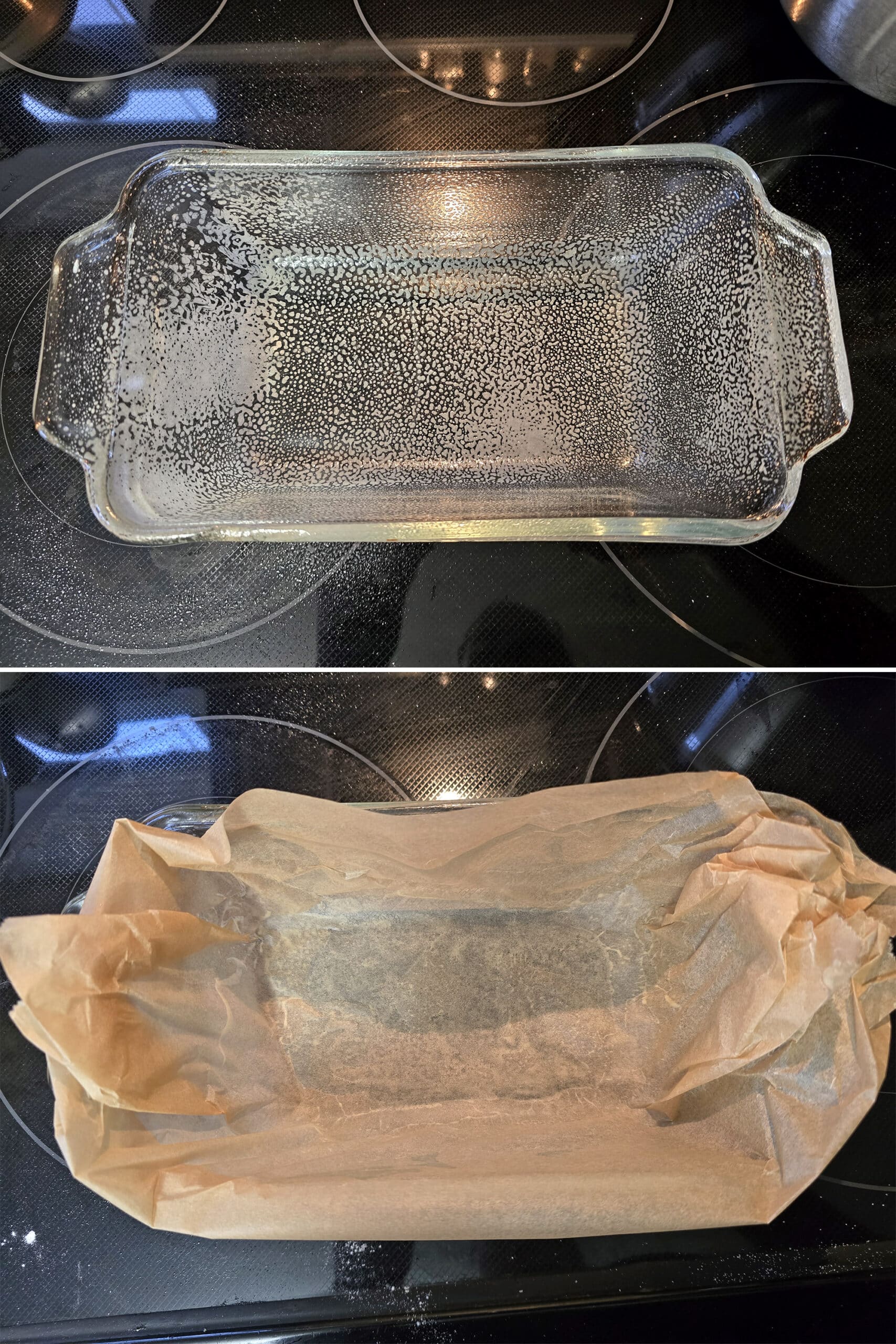 2 part image showing a glass loaf pan sprayed with nonstick spray then lined with parchment paper.