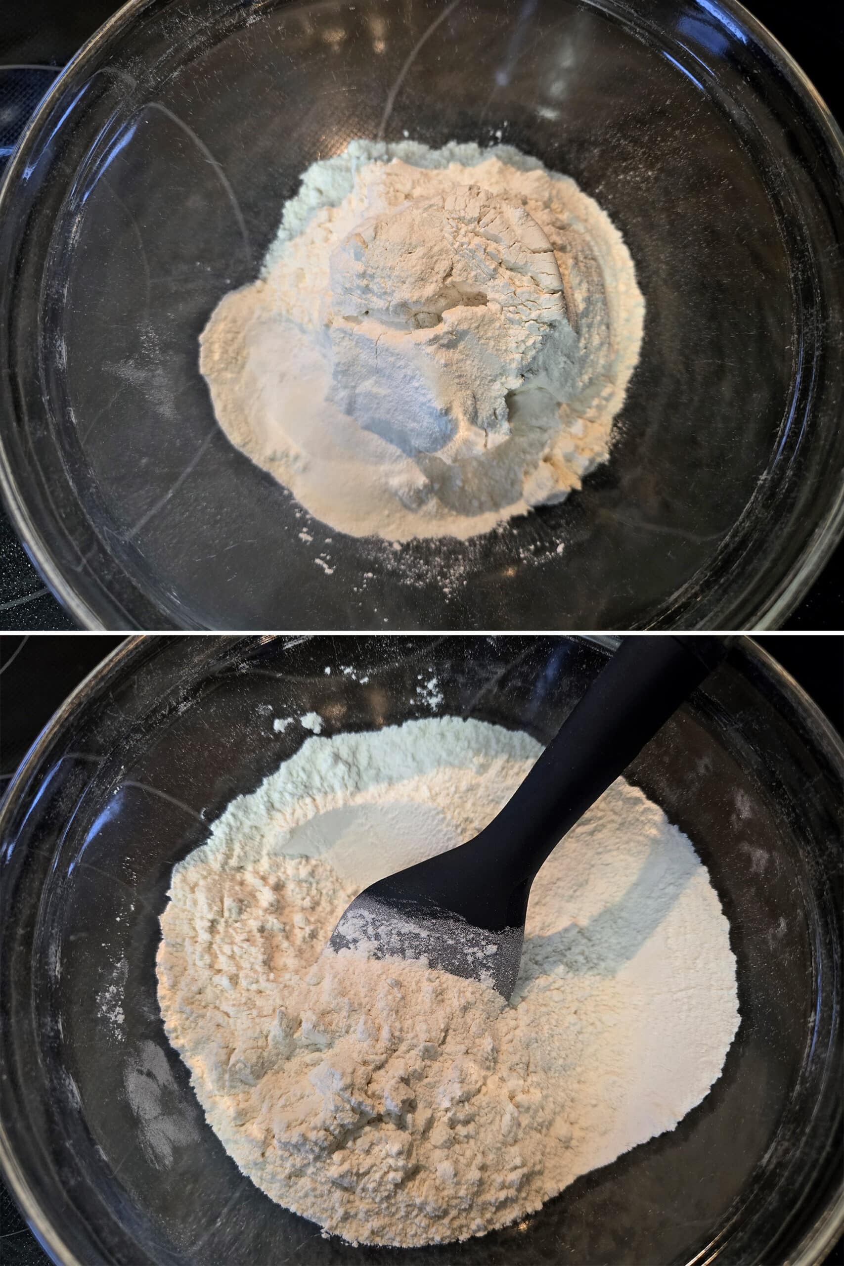 2 part image showing a bowl of dry ingredients being mixed together.