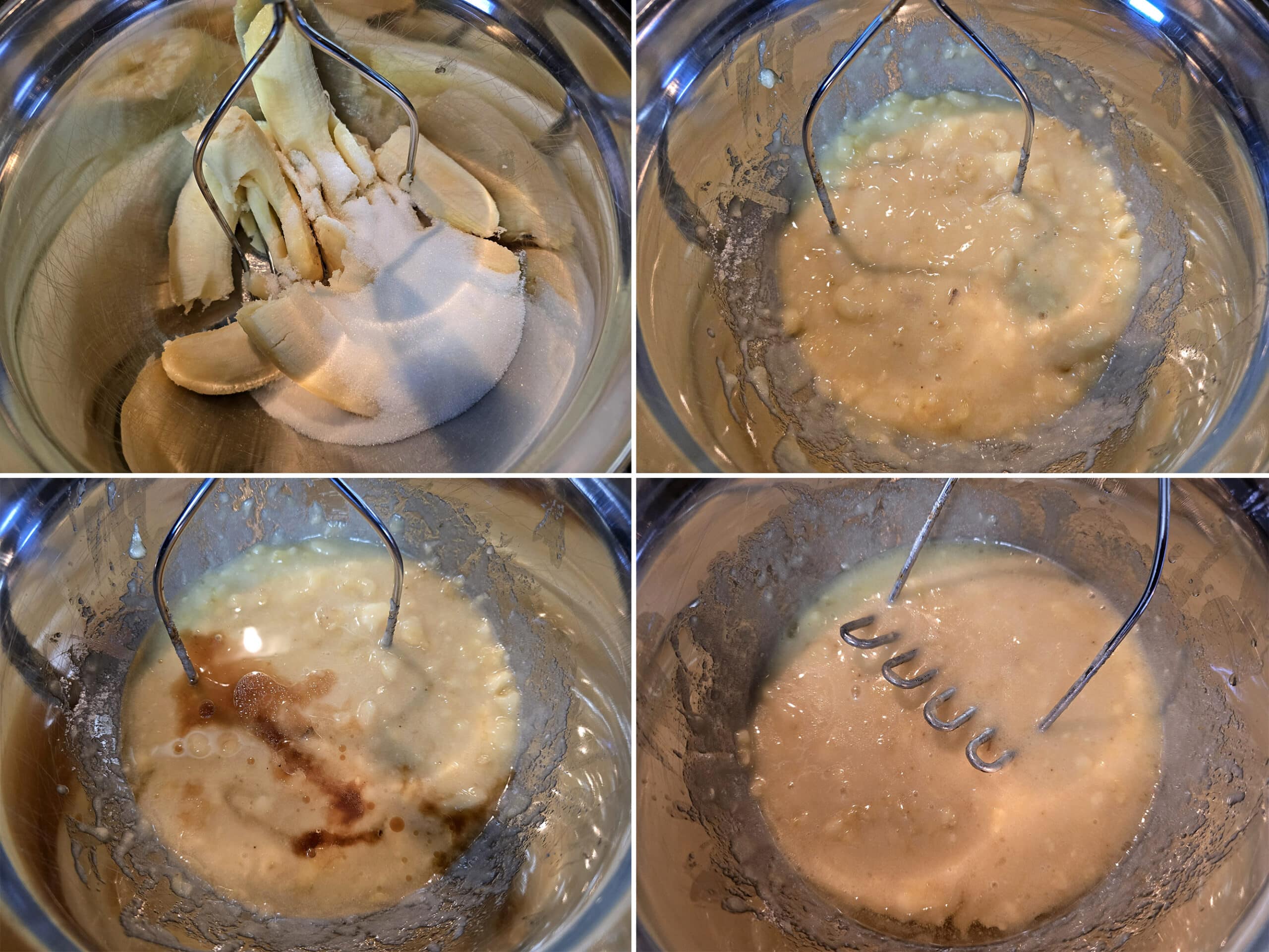 4 part image showing the bananas and sugar being mashed, then oil and vanilla being mixed in.