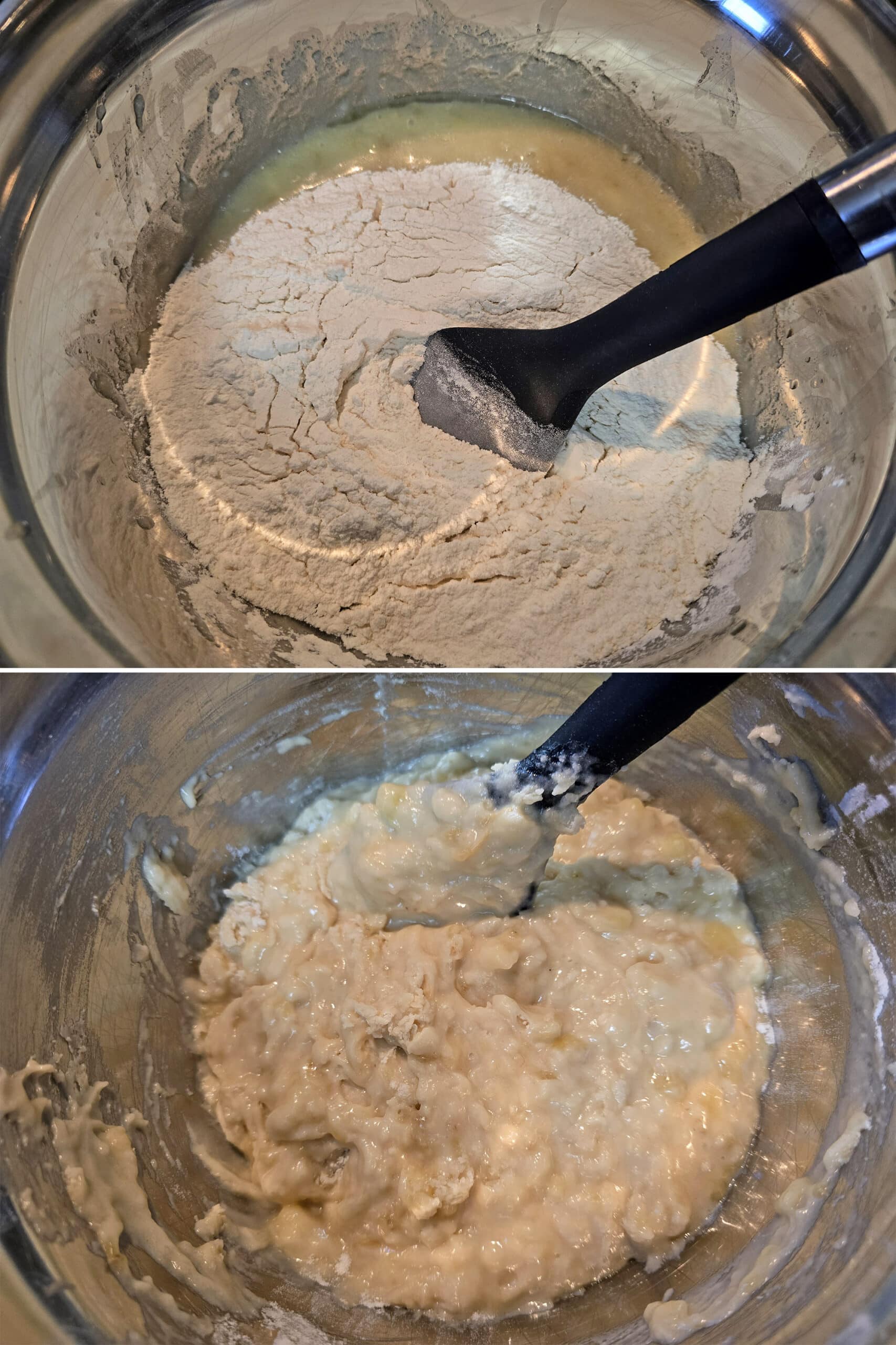 2 part image showing the dry ingredients being folded into the banana mixture.