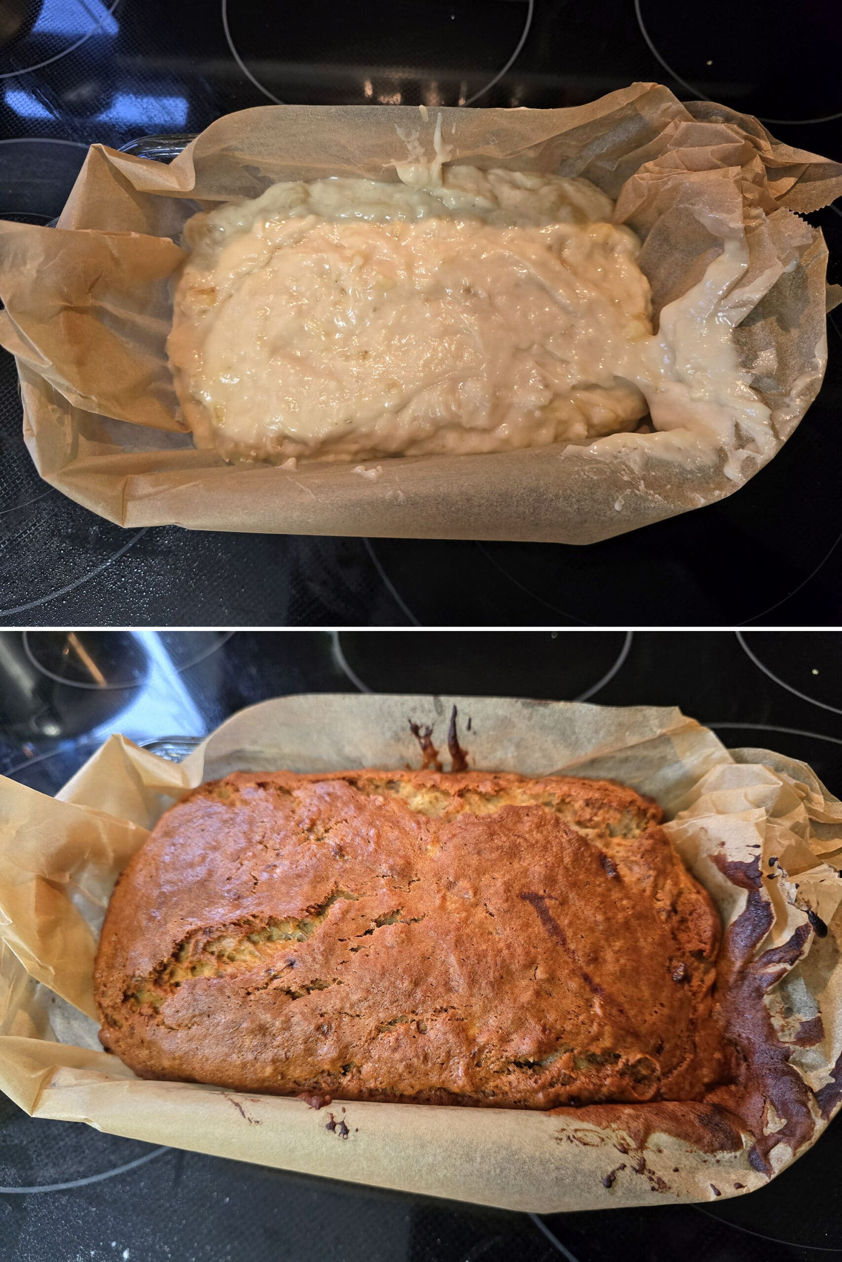 2 part image showing a loaf of eggless banana bread before and after baking.