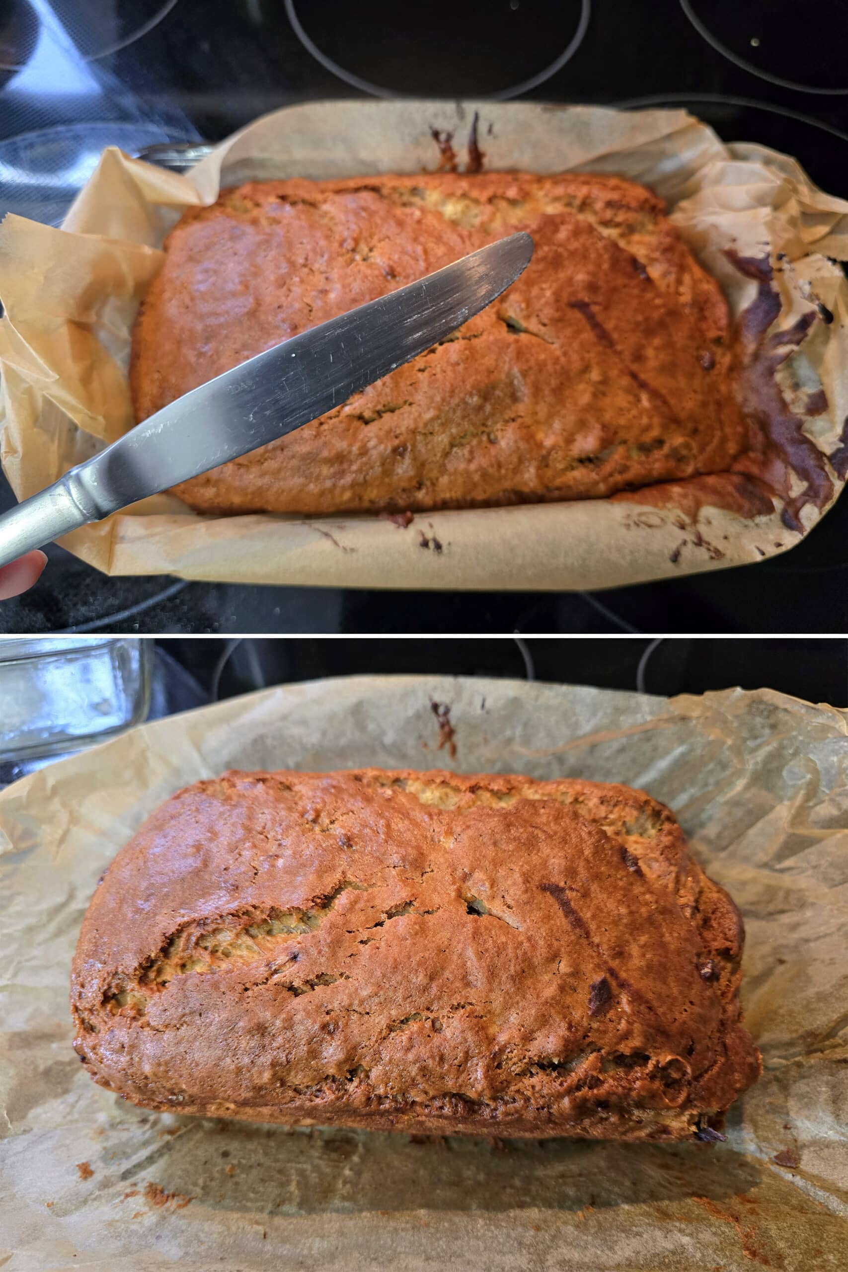 2 part image showing a clean butter knife being held above the egg free banana bread, then the loaf of eggless banana bread removed from the loaf pan.