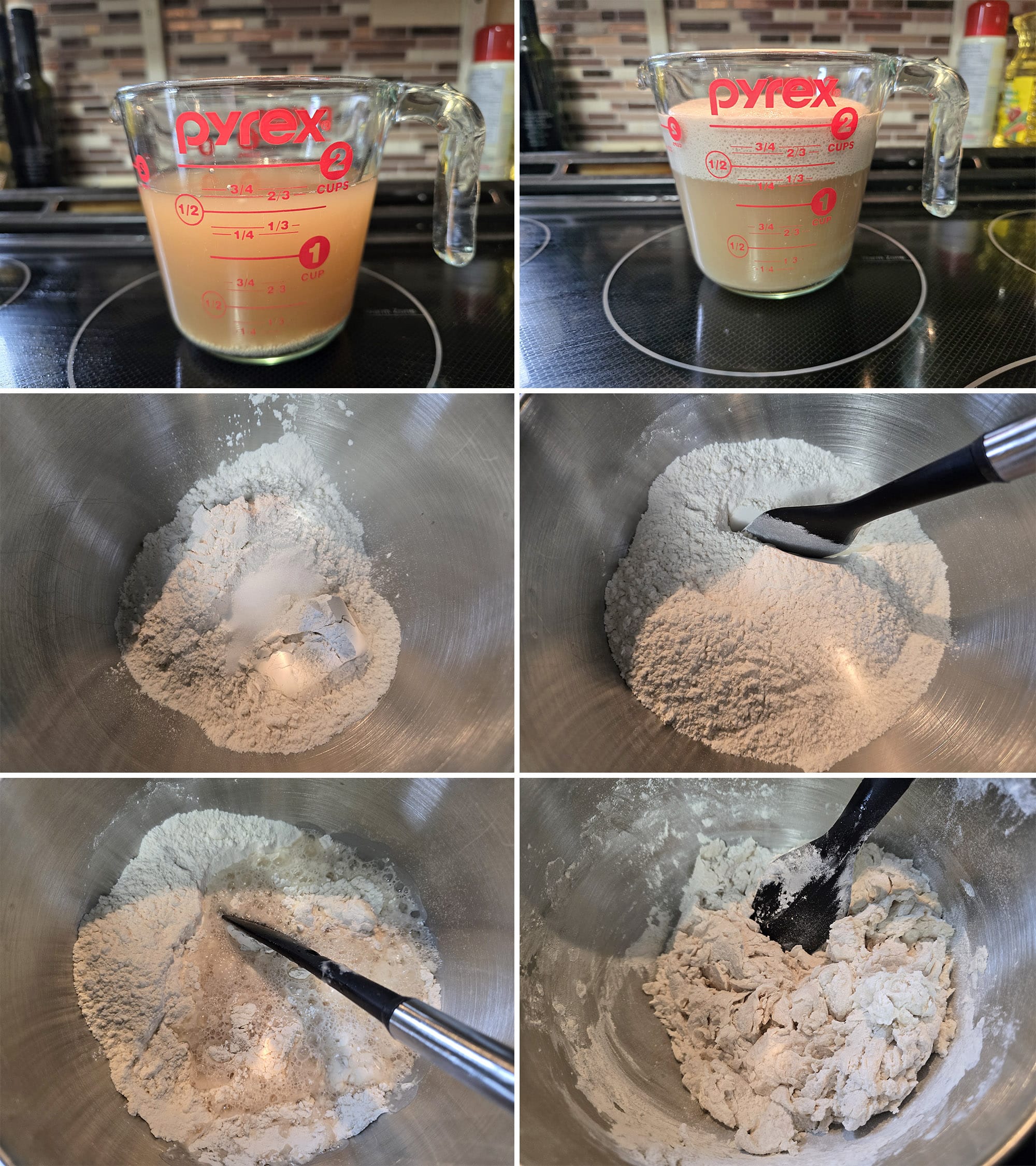 6 part image showing yeast rising in brown sugar water, then being mixed in with the dry ingredients.