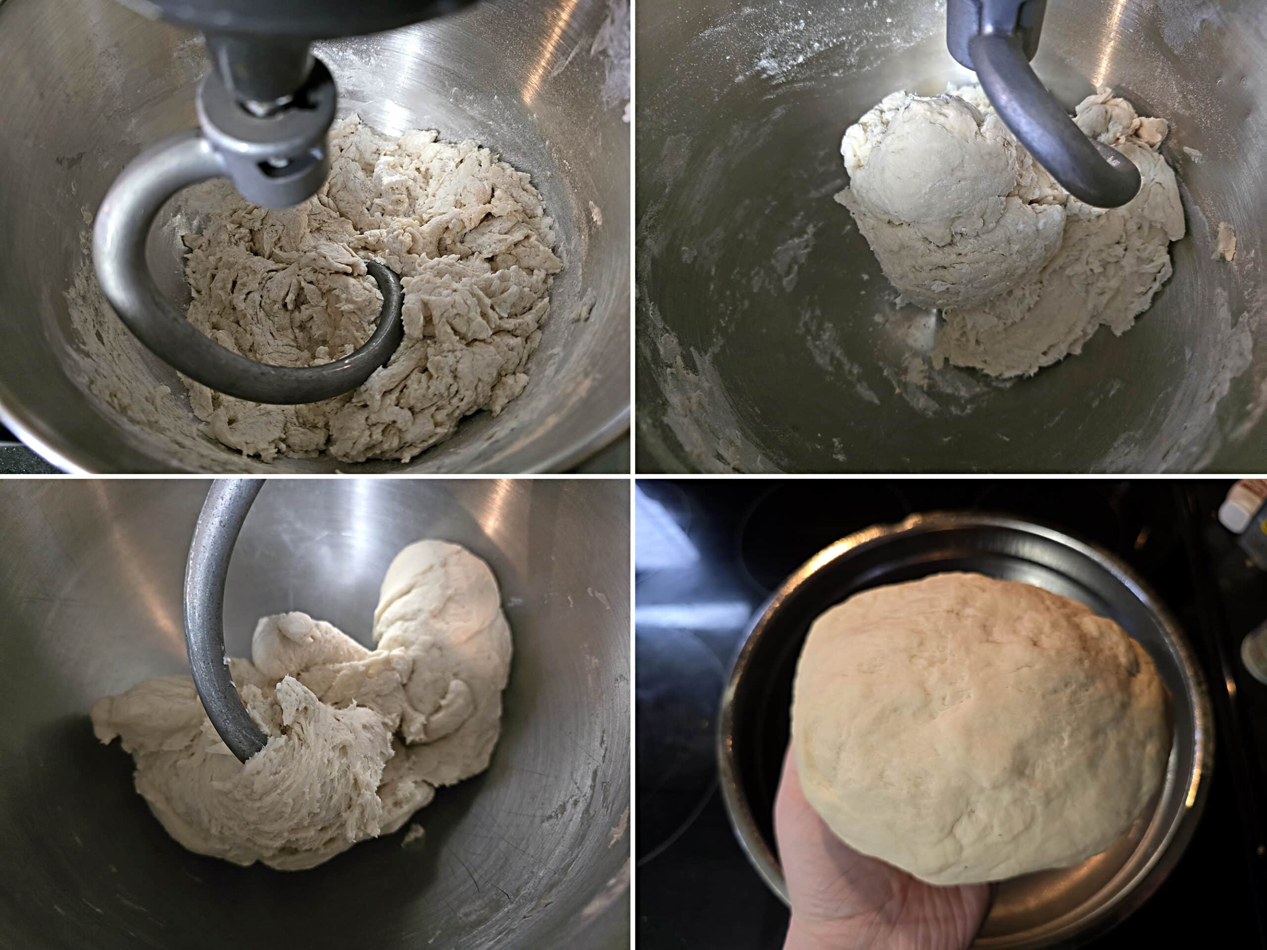 4 part image showing various stages of the dough being kneaded into a smooth ball.