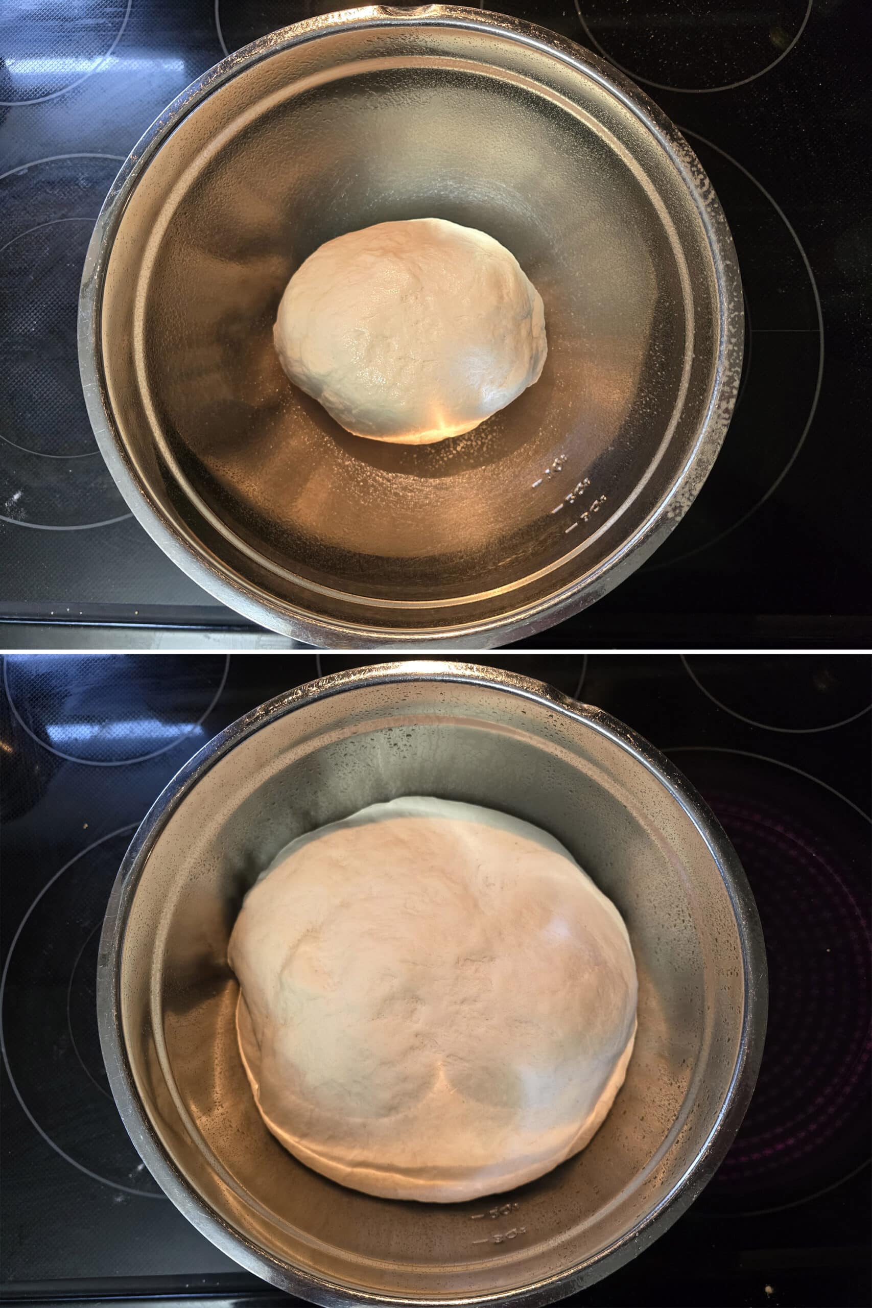 2 part image showing the bowl of bagel dough before and after doubling in size.