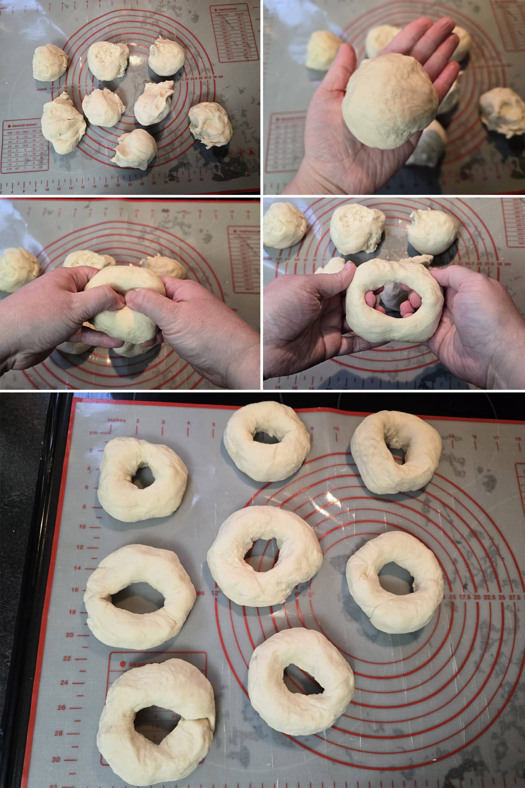 5 part image showing pretzel bagel dough being divided into balls and formed into 8 bagels.