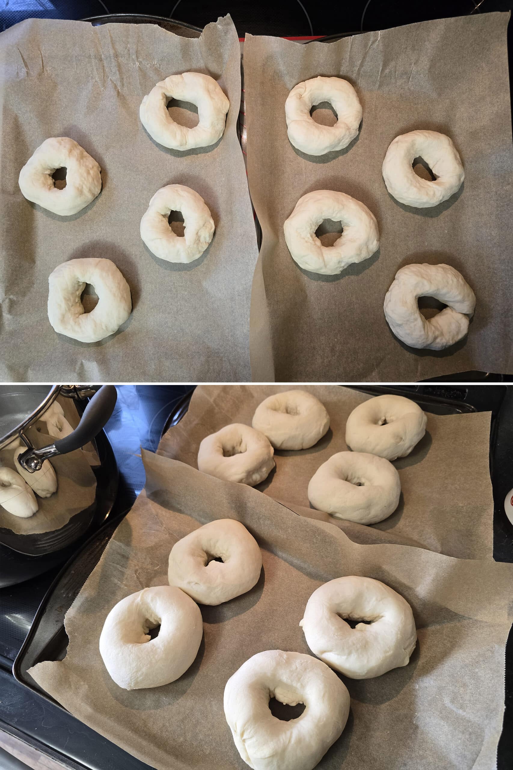 2 part image showing pretzel bagels before and after a final rise.