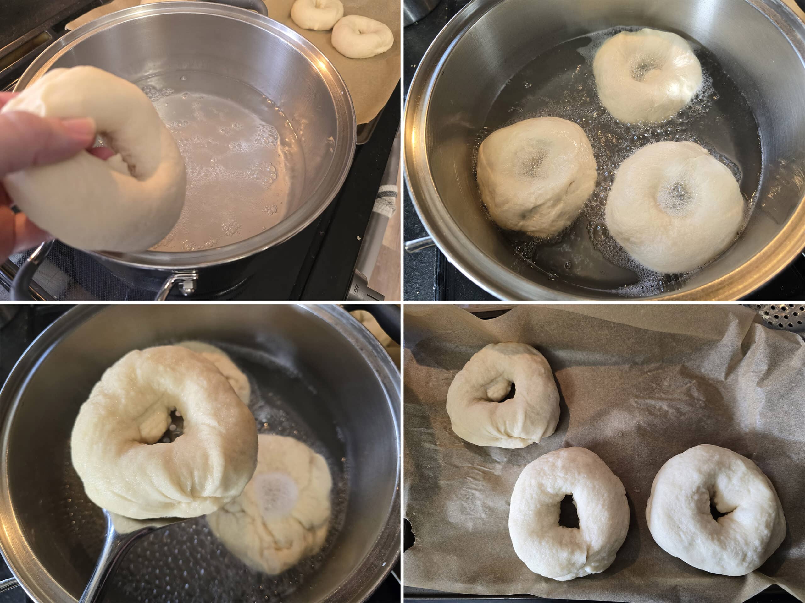 4 part image showing pretzel bagels being boiled in baking soda water and placed on a pan.