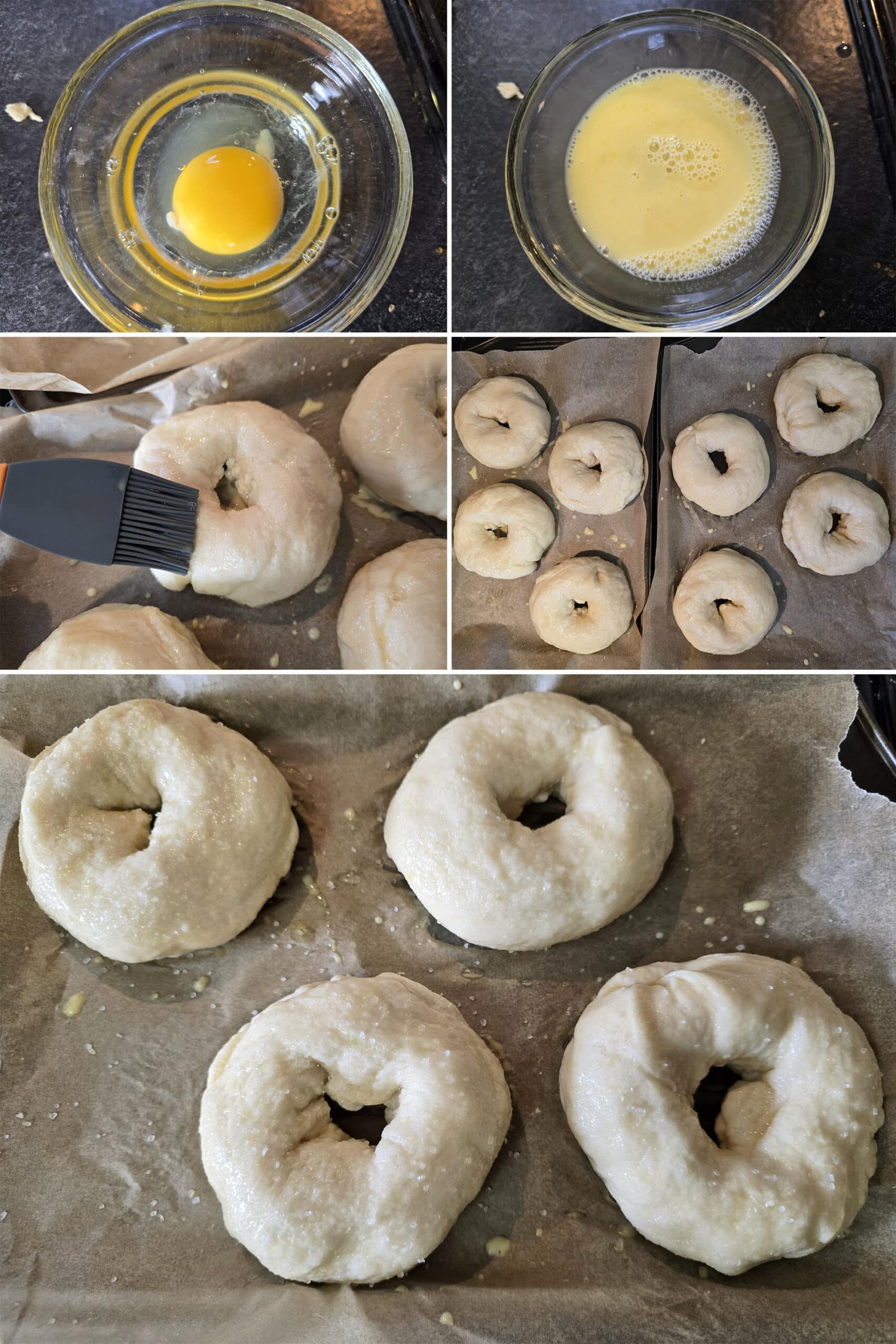 5 part image showing the egg wash  being mixed and brushed over the pretzel bagel rounds, then sprinkled with coarse salt.