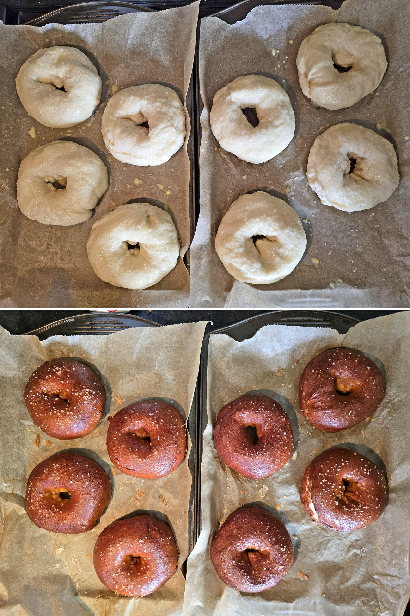 2 part image showing 2 pans of pretzel bagels before and after baking.