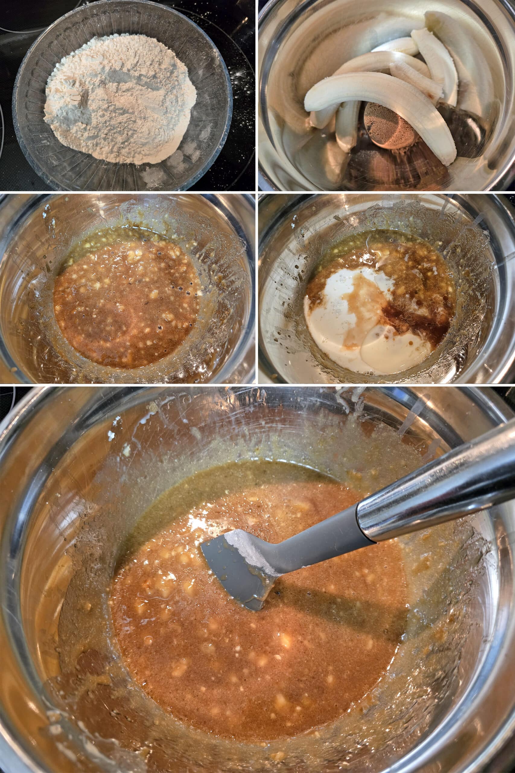 5 part image showing the bananas and brown sugar being mashed together, then the remaining wet ingredients being mixed in.