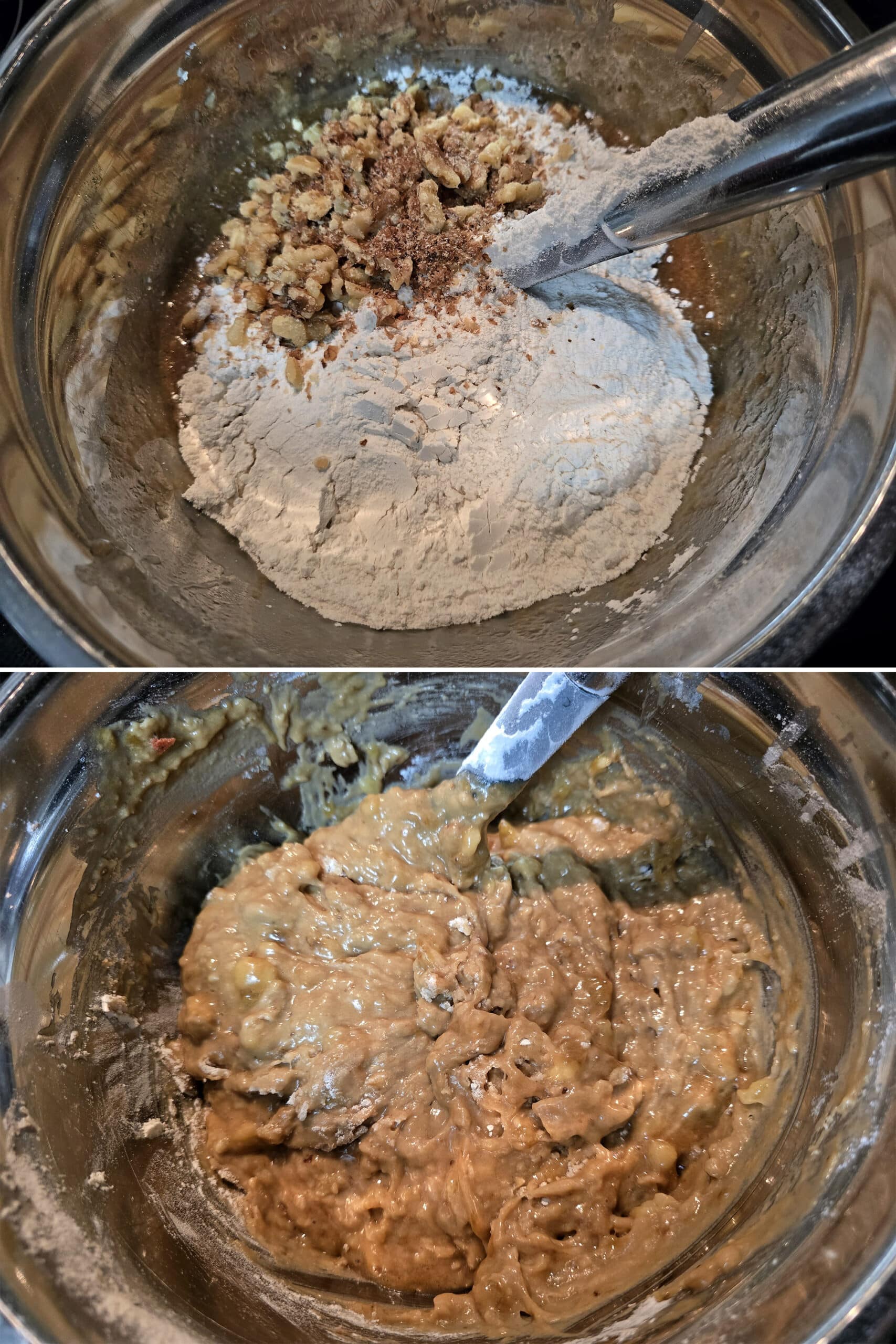 2 part image showing the flour mix and walnuts being mixed into the bowl of wet ingredients.