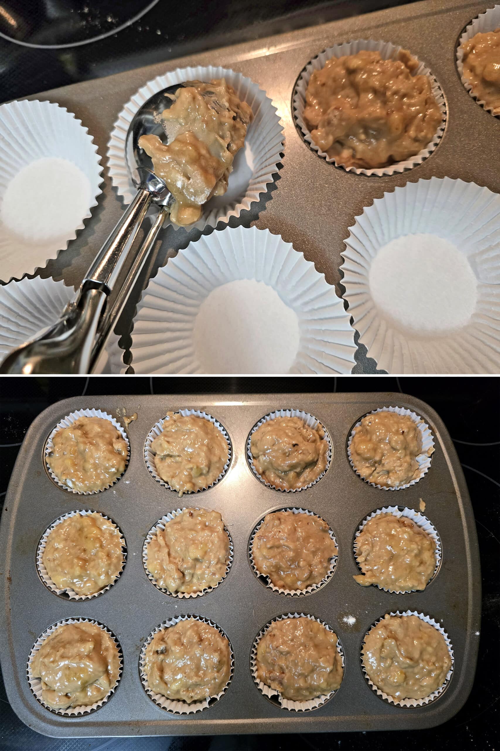 2 part image showing the egg free banana muffin batter being scooped into lined muffin tins.