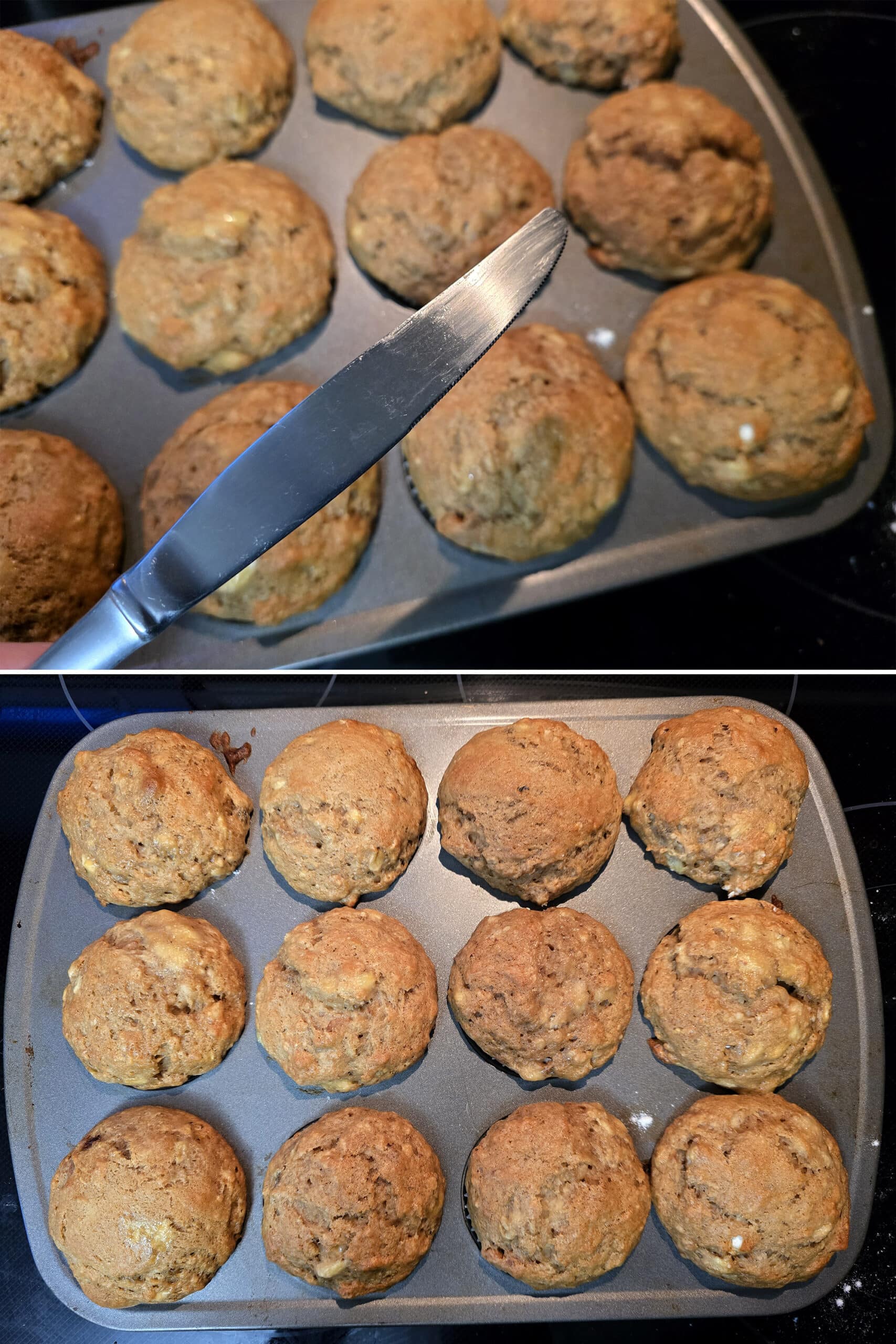 2 part image showing a clean knife held above a pan of muffins, and the finished pan of eggless banana muffins.