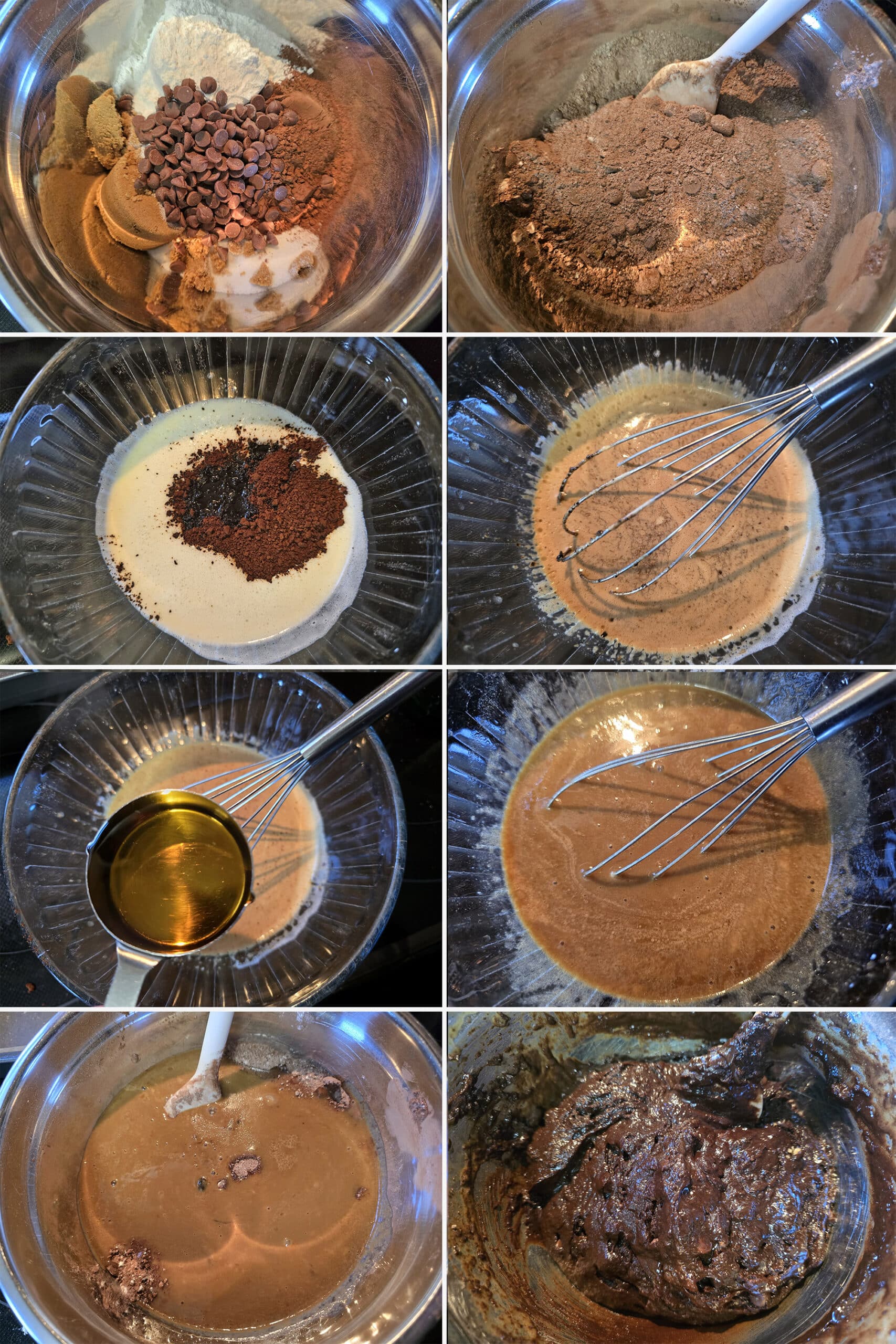 8 part image showing the whiskey brownie batter being mixed.