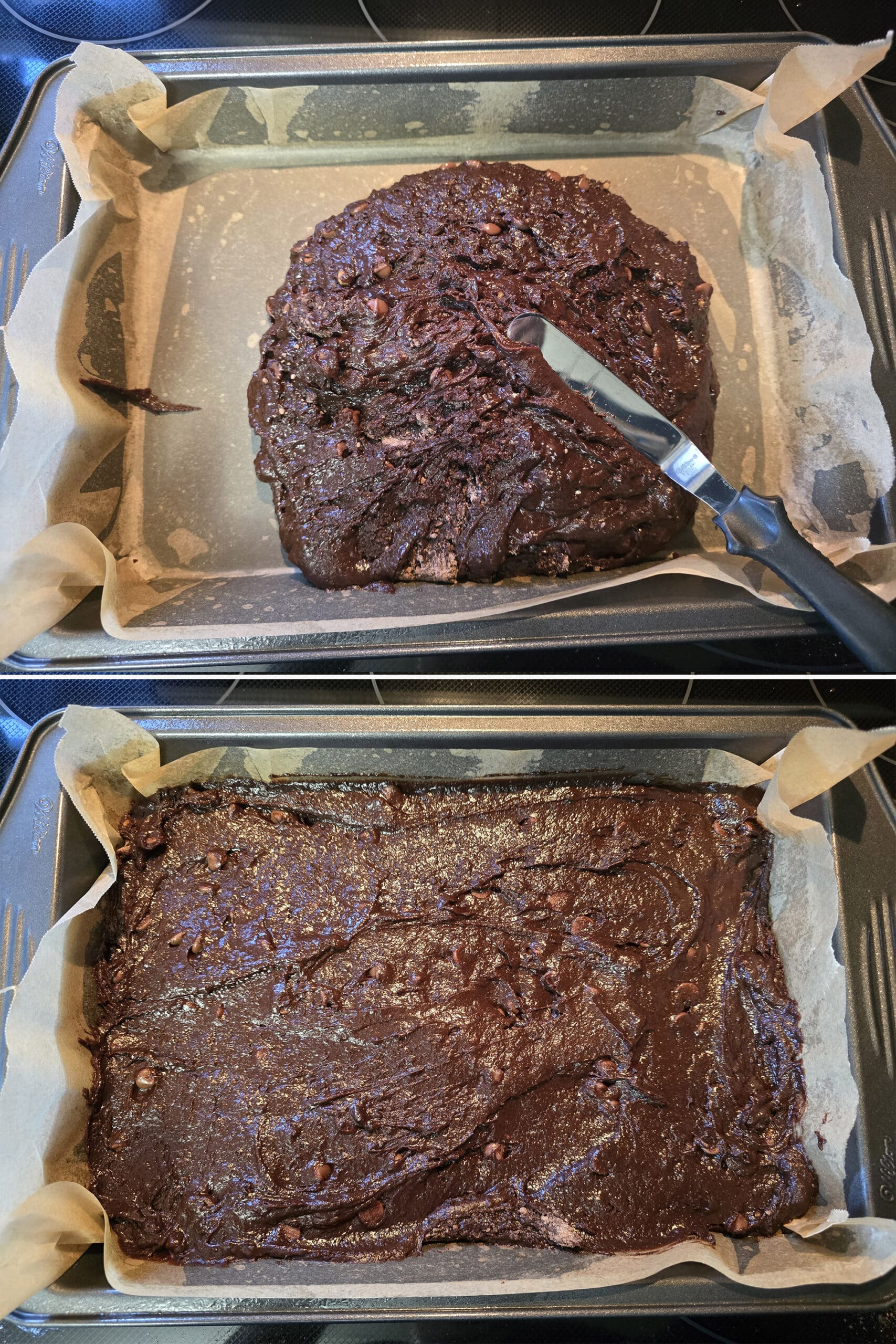 2 part image showing the whiskey brownie batter being spread in the prepared baking dish.