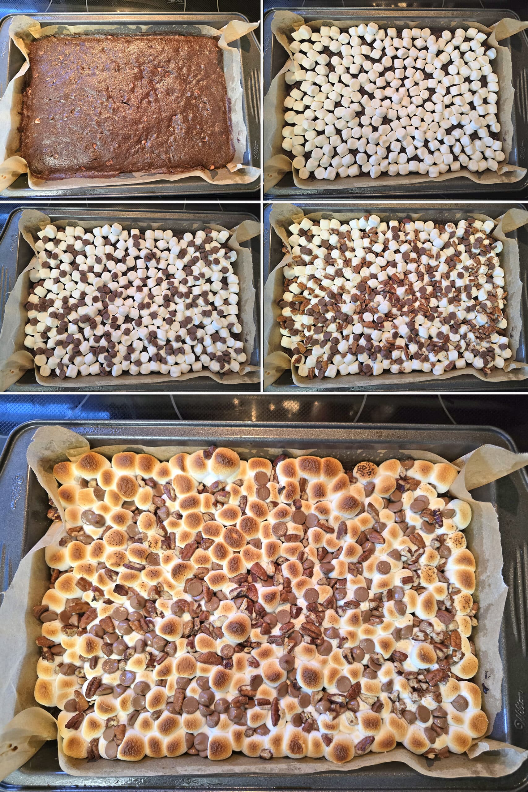 5 part image showing the whiskey brownies baked, topped with marshmallows, chocolate chips, and pecans, then toasted.