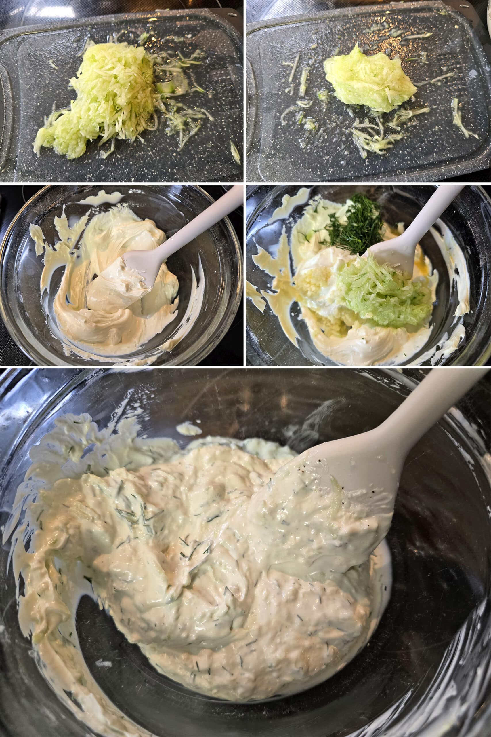 5 part image showing the shredded cucumber being drained, then beaten into cream cheese with some dill and seasonings.