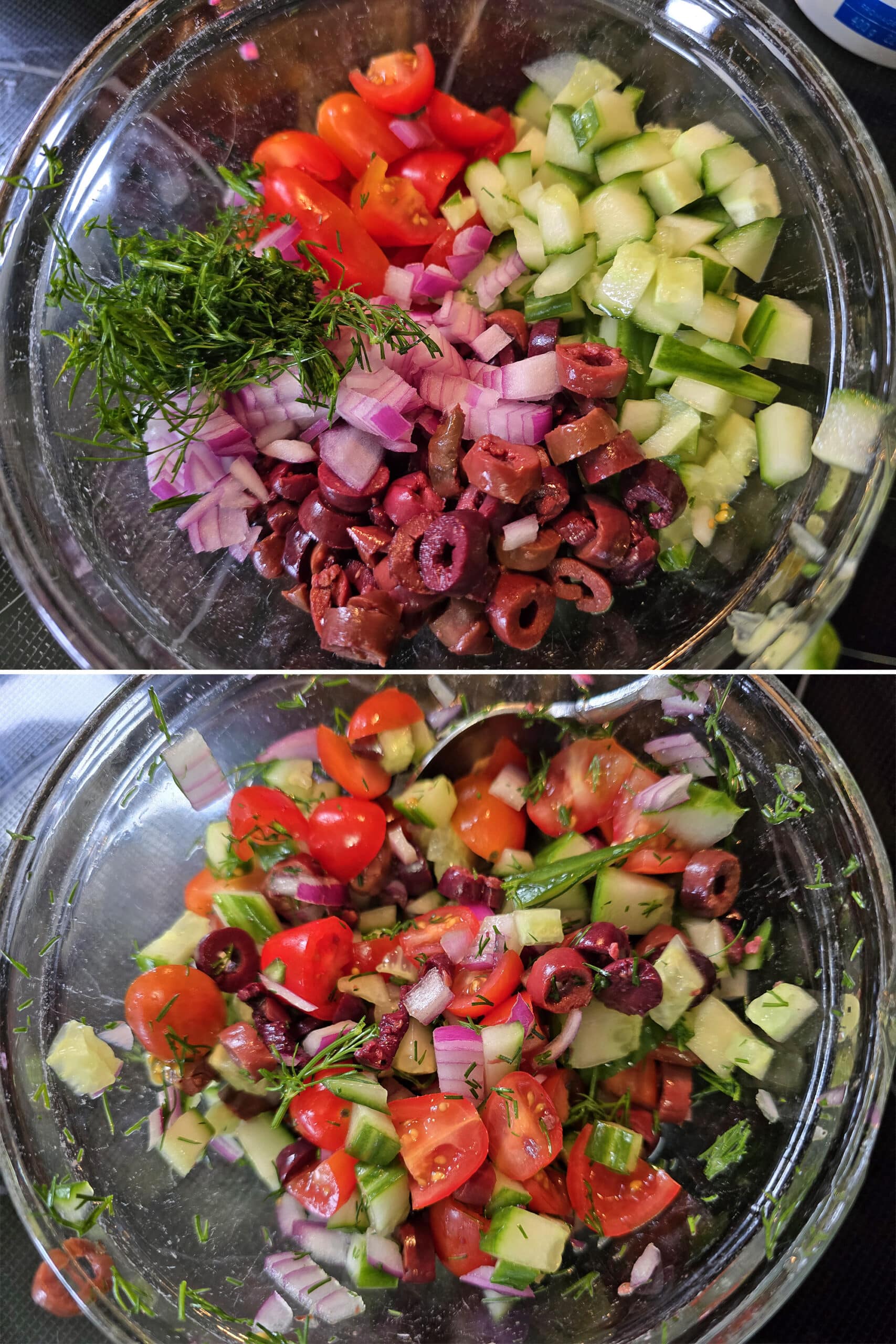 2 part image showing the tomatoes, cucumber, olives, red onion, and dill being mixed to form a Greek salsa.