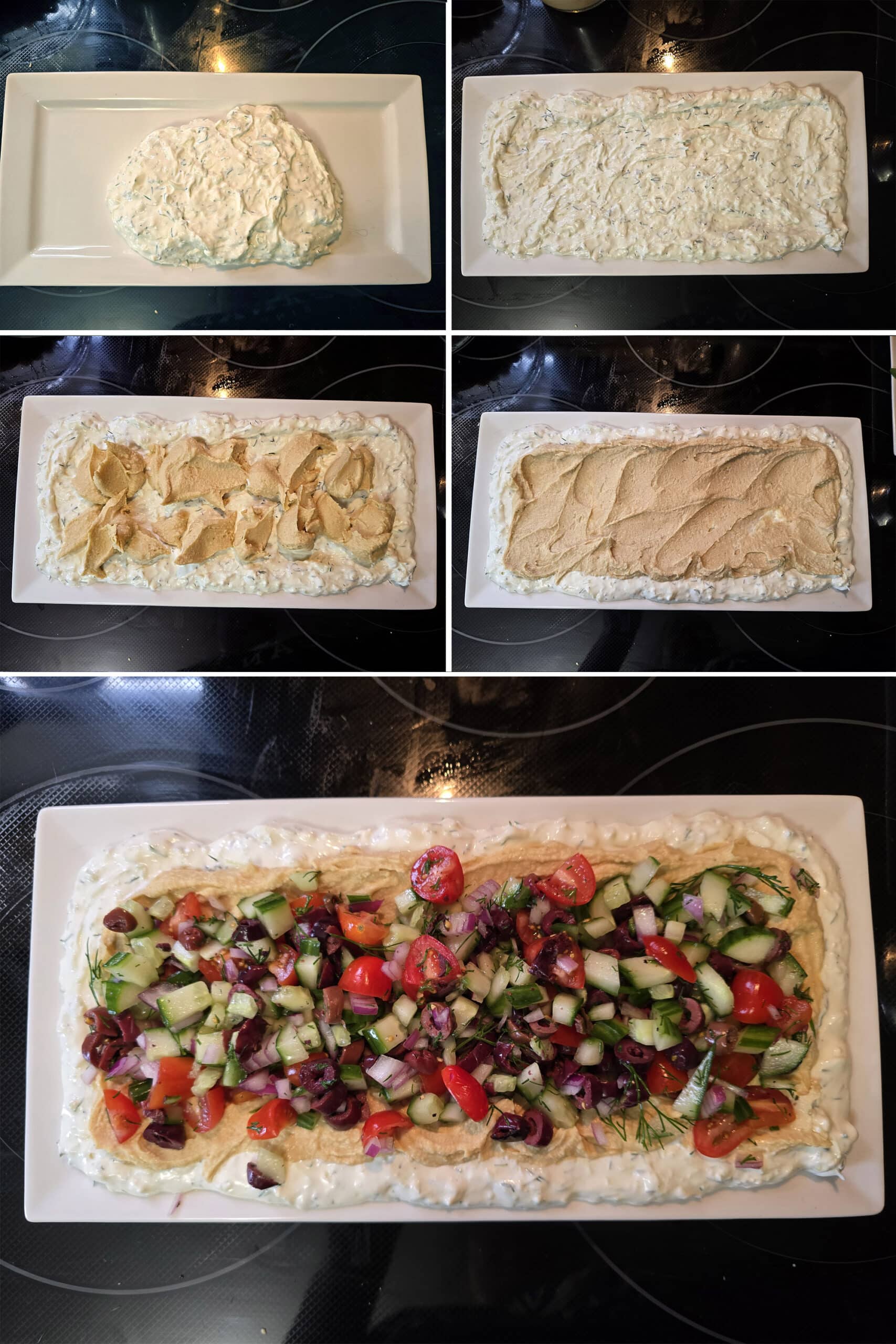 5 part image showing the cream cheese dip being spread on a plate, then topped with hummus and the Greek salsa mixture.