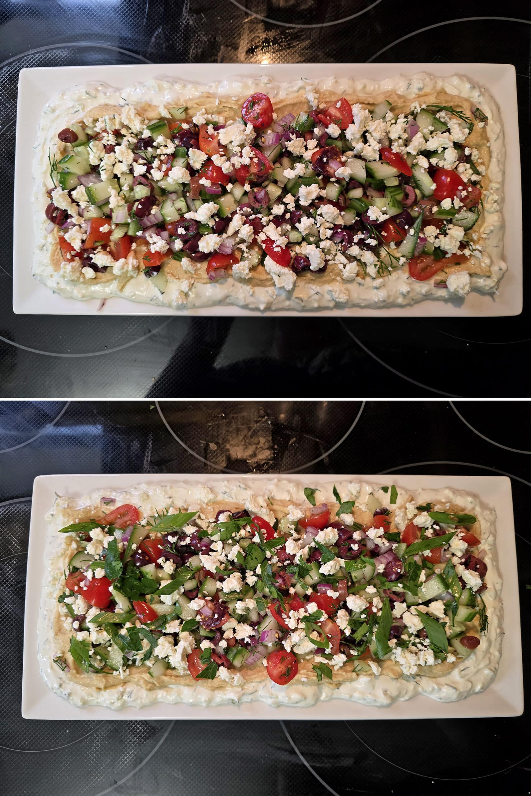 2 part image showing the layered Greek dip being garnished with feta and fresh herbs.