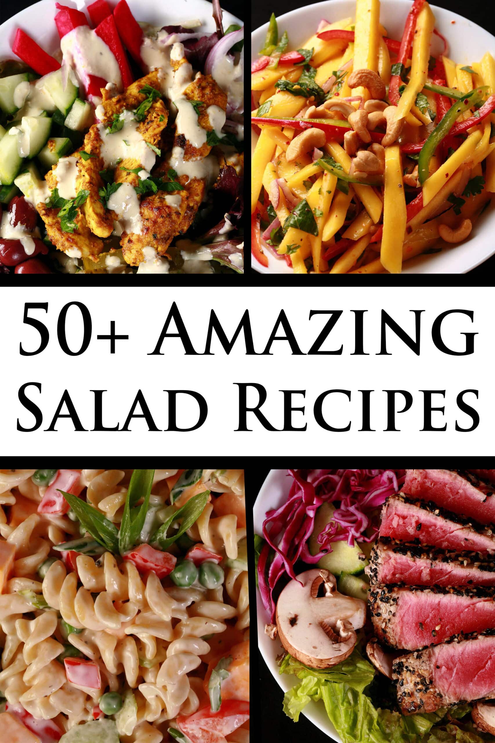 4 part image showing different salads, with overlaid text that says fifty plus amazing salad recipes.