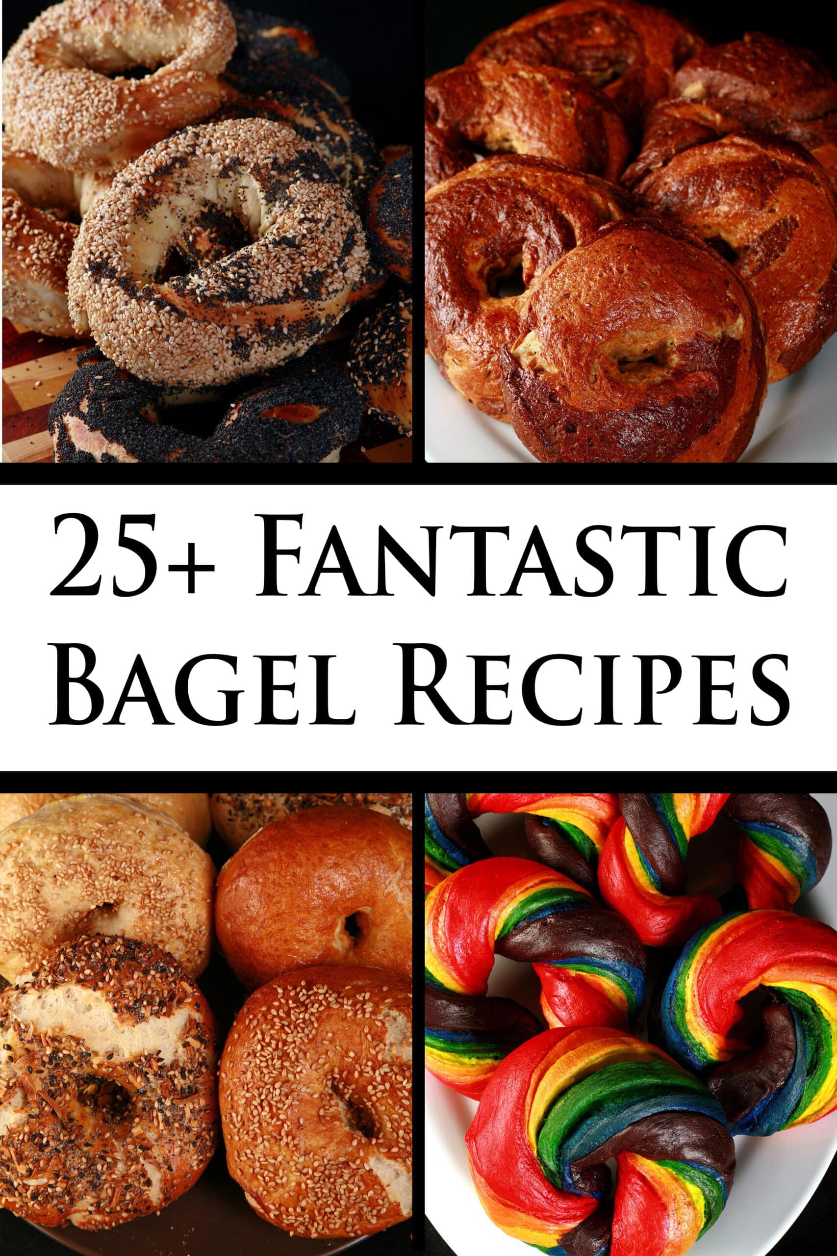 4 part image showing various different bagels. Overlaid text says 25 plus fantastic bagel recipes.